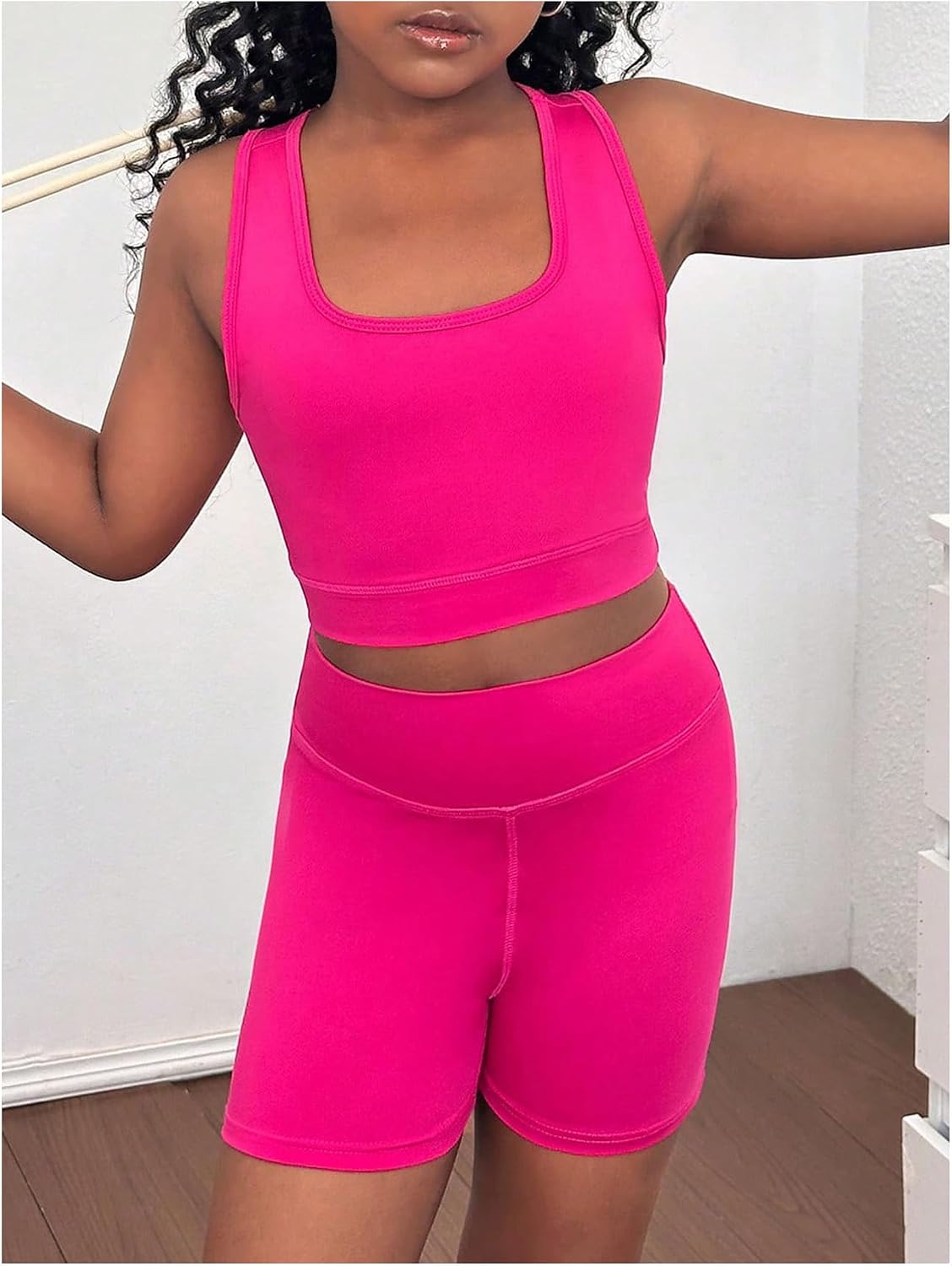 Floerns Girl's 2 Piece Workout Outfits Running Tank Top with Biker Shorts Athletic Sets