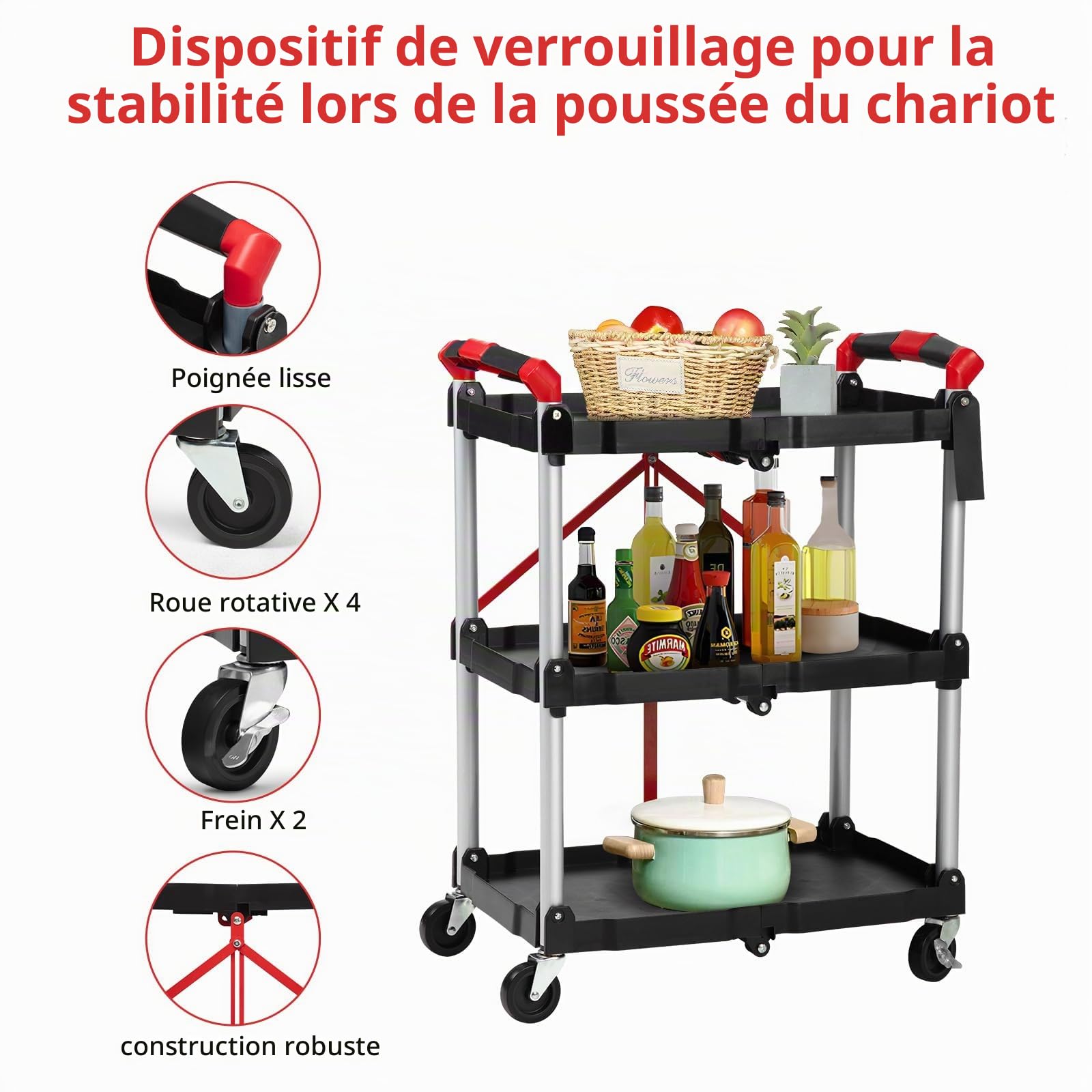 Garvee 3 Tier Folding Serving Trolley - Heavy Duty Metal Frame, 75kg Capacity, Wheels with Handles, Tool Grooves - Ideal Office, Kitchen, Catering - Italy