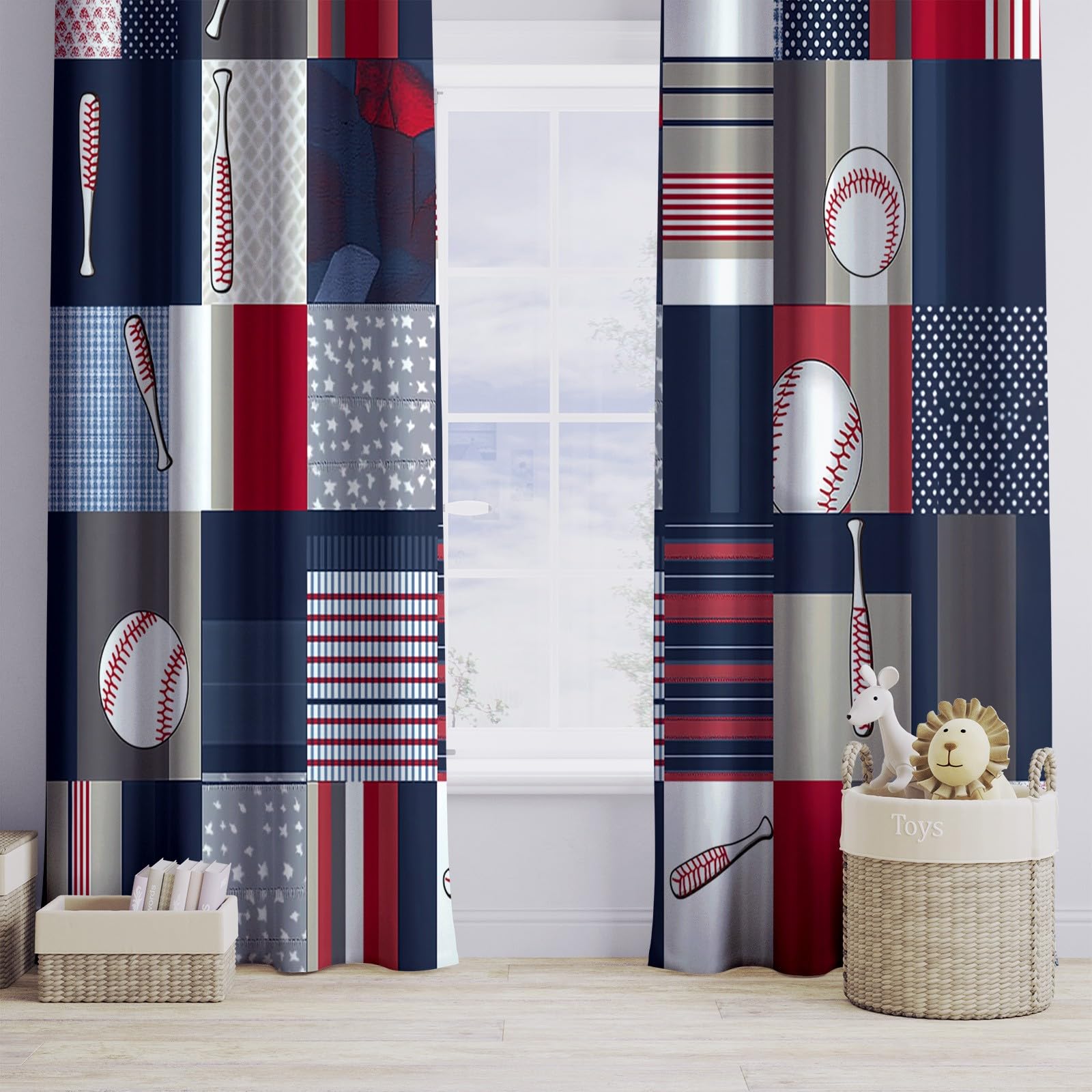 Generisch Blickdicht Vorhang Ösenschal Verdunkelungsvorhang 3D Patchworkmuster Baseball-Thema Gardinen Kinderzimmer Wohnzimmer Thermovorhang Polyester Vorhänge H215 x B110 cm 2Er Set