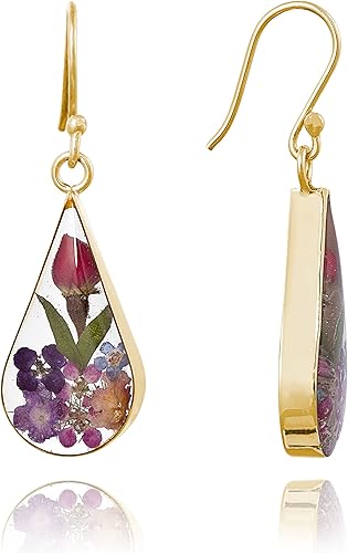 Aretes de plata de ley en forma de lágrima con flores prensadas Aretes de plata de ley en forma de lágrima con flores prensadas