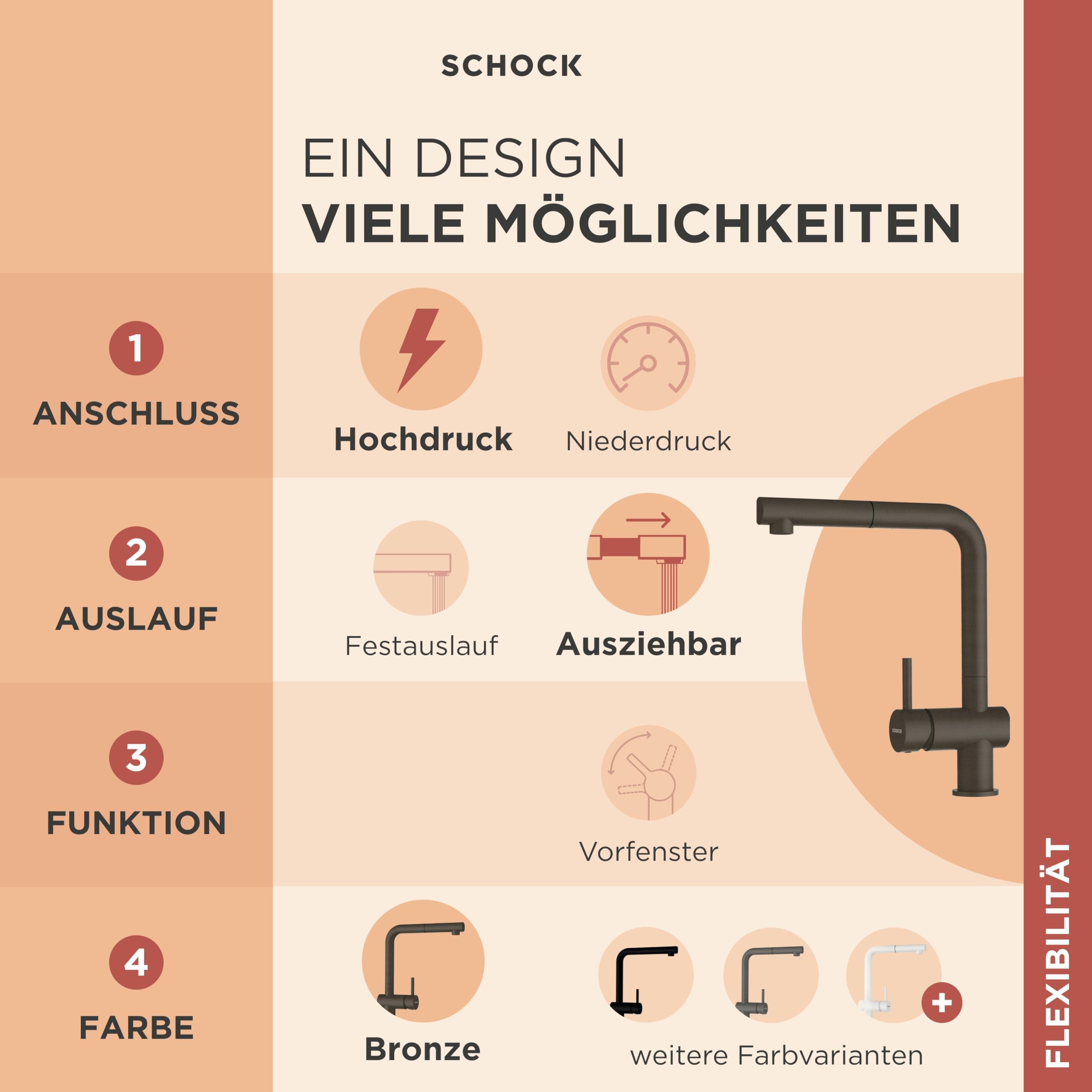 SCHOCK® Küchenarmatur Epos Bronze I braune Hochdruck Armatur mit ausziehbarer Schlauchbrause I 360° drehbar I Spültischarmatur mit Standard-Norm-Anschlüssen I modernes Design I Einhebelmischer