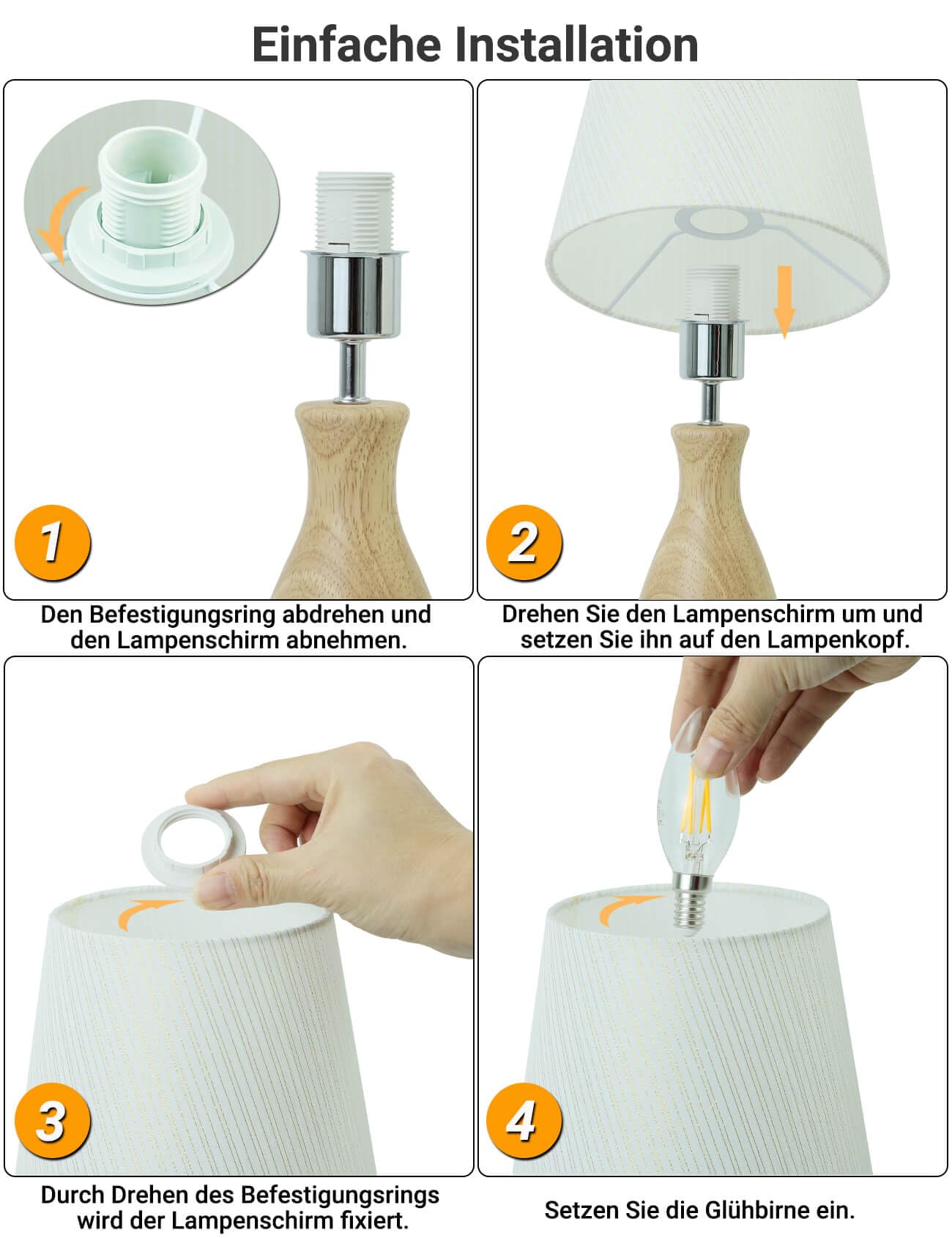 HSLighting Lampka nocna z drewna, lampa stołowa z kablem, regulowany włącznik/wyłącznik, złote nitki, abażur materiałowy, minimalistyczna lampa stołowa na stolik nocny do sypialni, salonu, prezent