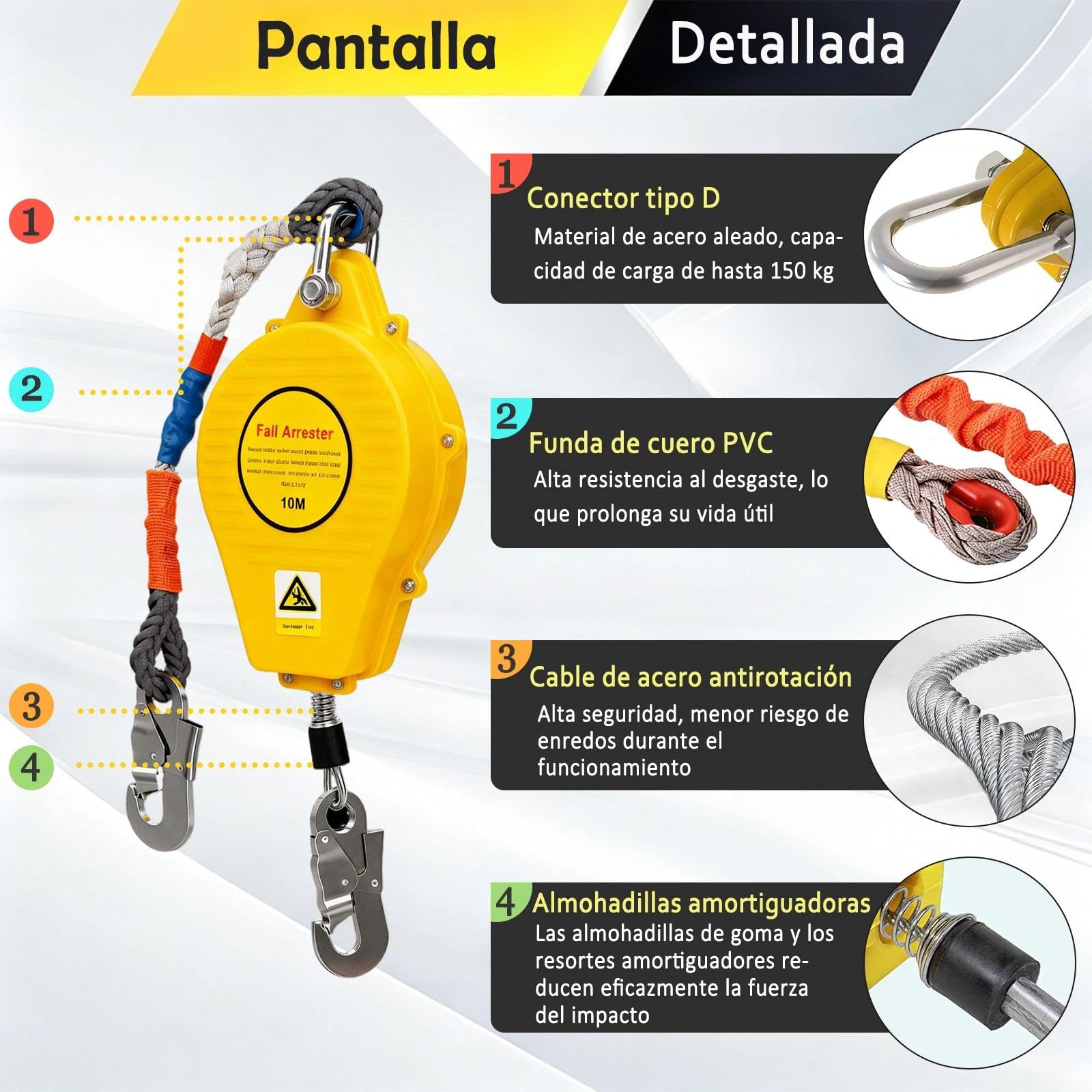 Dispositivo Anticaidas Retráctil 3-20m, Arnes Linea de Vida Retractil Tejado con Función de Bloqueo Automático, 150kg Arnes de Seguridad Anticaidas para Trabajos en Altura(Amarillo,10m)