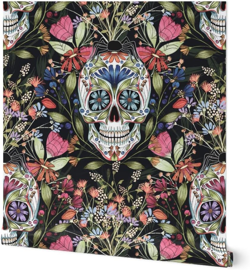 Spoonflower Peel & Stick Wallpaper 3ft x 2ft - Spooky Elegance Floral Skull Illustration Halloween Sugar La Dia De Los Muertos Custom Removable Wallpaper