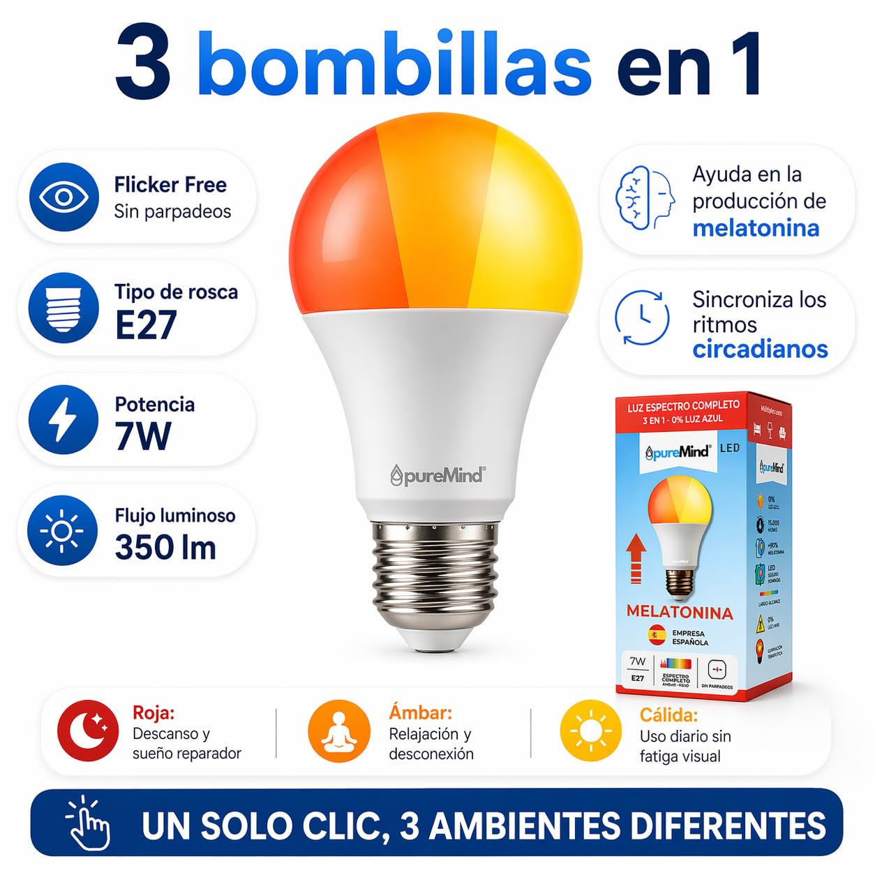 Puremind Spectro Luz Roja Nocturna Melatonina E27 + Ámbar – Lámpara Terapia de Luz Infrarroja + Ámbar para Bienestar - Relajación + Recarga Celular – Dispositivo Antiedad + Antiedad Lumínico