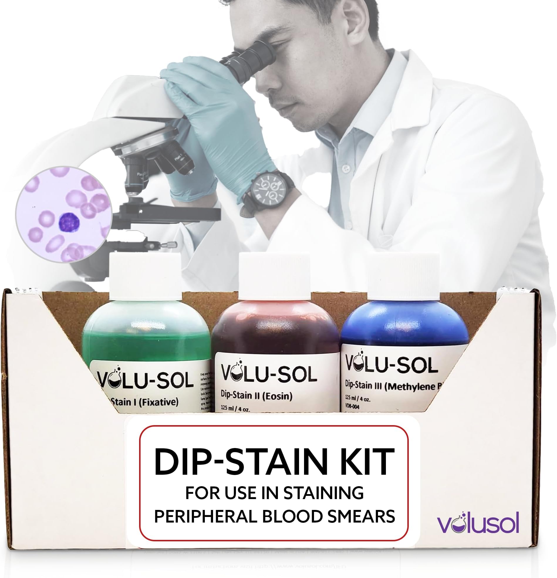 Volu-Sol Dip-Stain Kit – 3-Step Quick Dip Staining for Blood Smears & Cytology – Includes Fixative, Eosin, & Methylene Blue – 125 mL / 4 oz Each