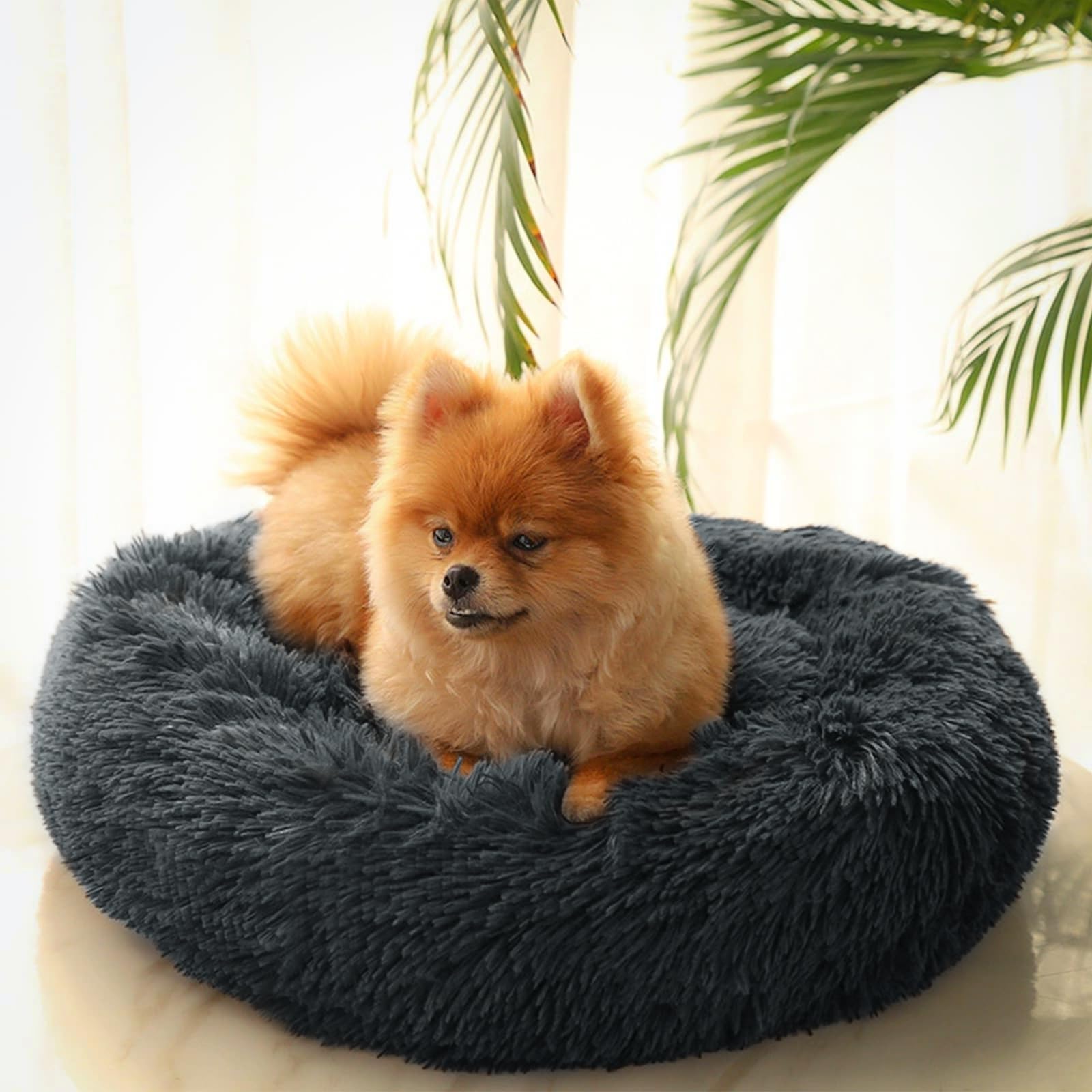 DONWEI Calming Dog Donut Bed for Small Medium Dogs Washable Dog Bed Cat Beds Fluffy Anti Anxiety Puppy Bed with Non-Slip Bottom