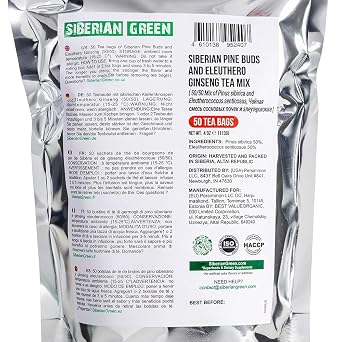 Siberian Green Ginseng Root Tea with Siberian Pine Tree Buds 50-Pack Herbal Tea Bags Pure and Natural Botanical Pine Eleuthero Ingredients From Altai Republic