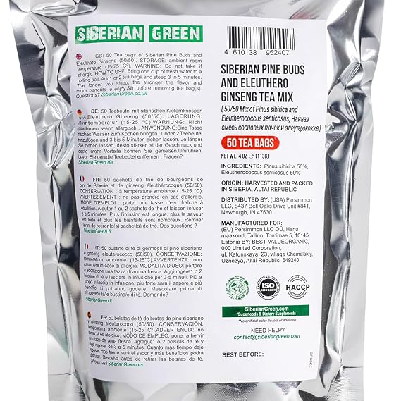 Siberian Green Ginseng Root Tea with Siberian Pine Tree Buds 50-Pack Herbal Tea Bags Pure and Natural Botanical Pine Eleuthero Ingredients From Altai Republic