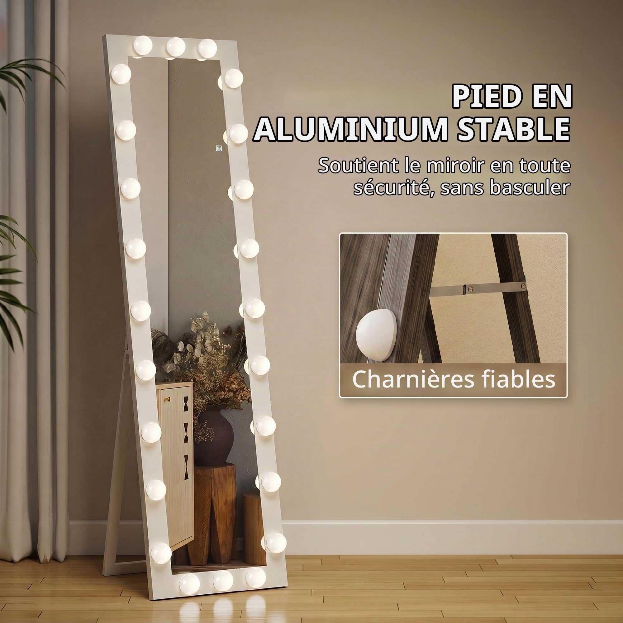 HOMCOM Miroir sur pied LED sur toute la longueur, 150 x 40 cm, avec 24 ampoules, 3 couleurs de lumière, à intensité variable, avec interrupteur tactile, fonction mémoire, miroir inclinable, pour