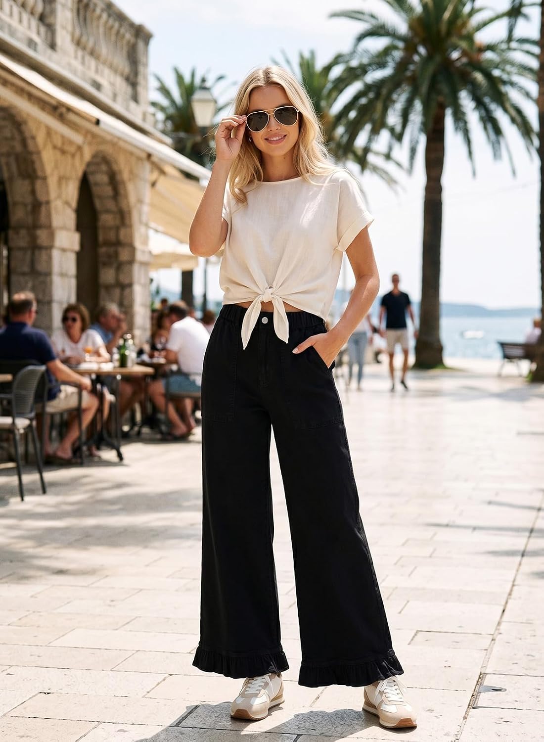  Wide Leg Jeans for Women Trendy Denim Jean Ruffle Hem Pants thumbnail