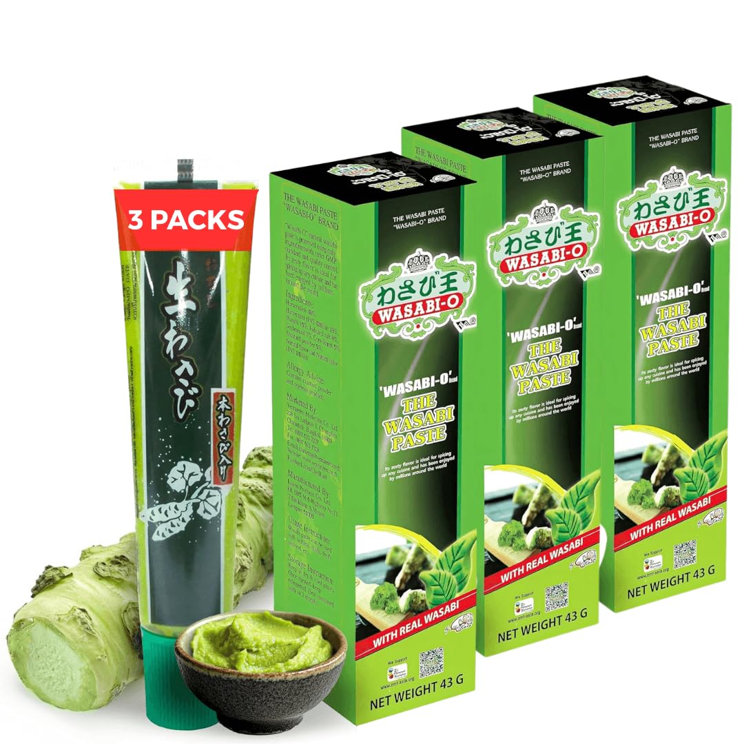 Wasabi-O Real Wasabi Paste - Authentic Japanese Fresh Wasabi Root - Mild Heat - Squeeze Tube for Sushi, Sauce, Mayo, Seafood - 3 x 1.52 Oz