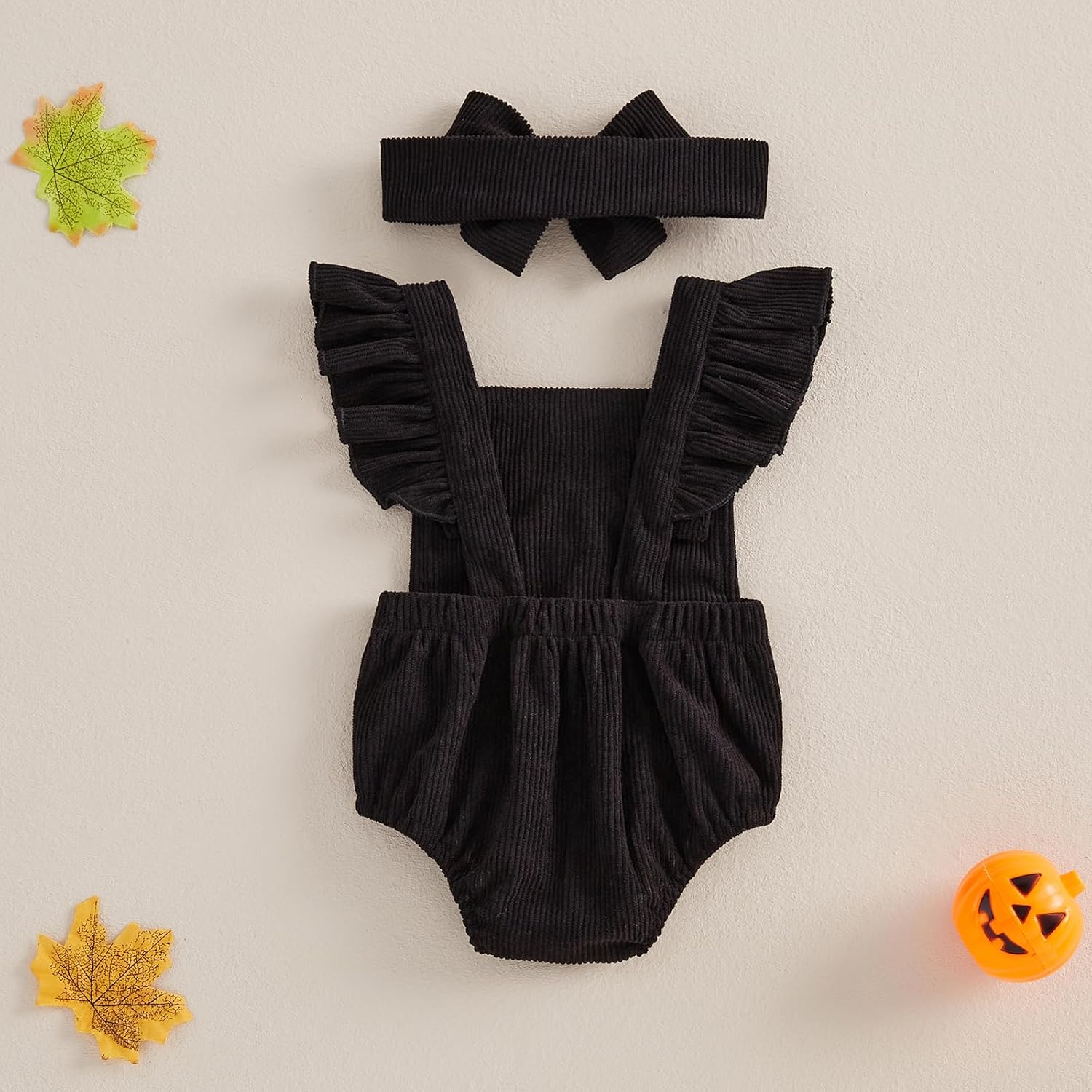 Muasaaluxi Newborn Baby Girl Halloween Outfit Ruffle Fly Sleeve Ghost Embroidery Romper Corduroy Bodysuit Headband 0-18M - Image 7