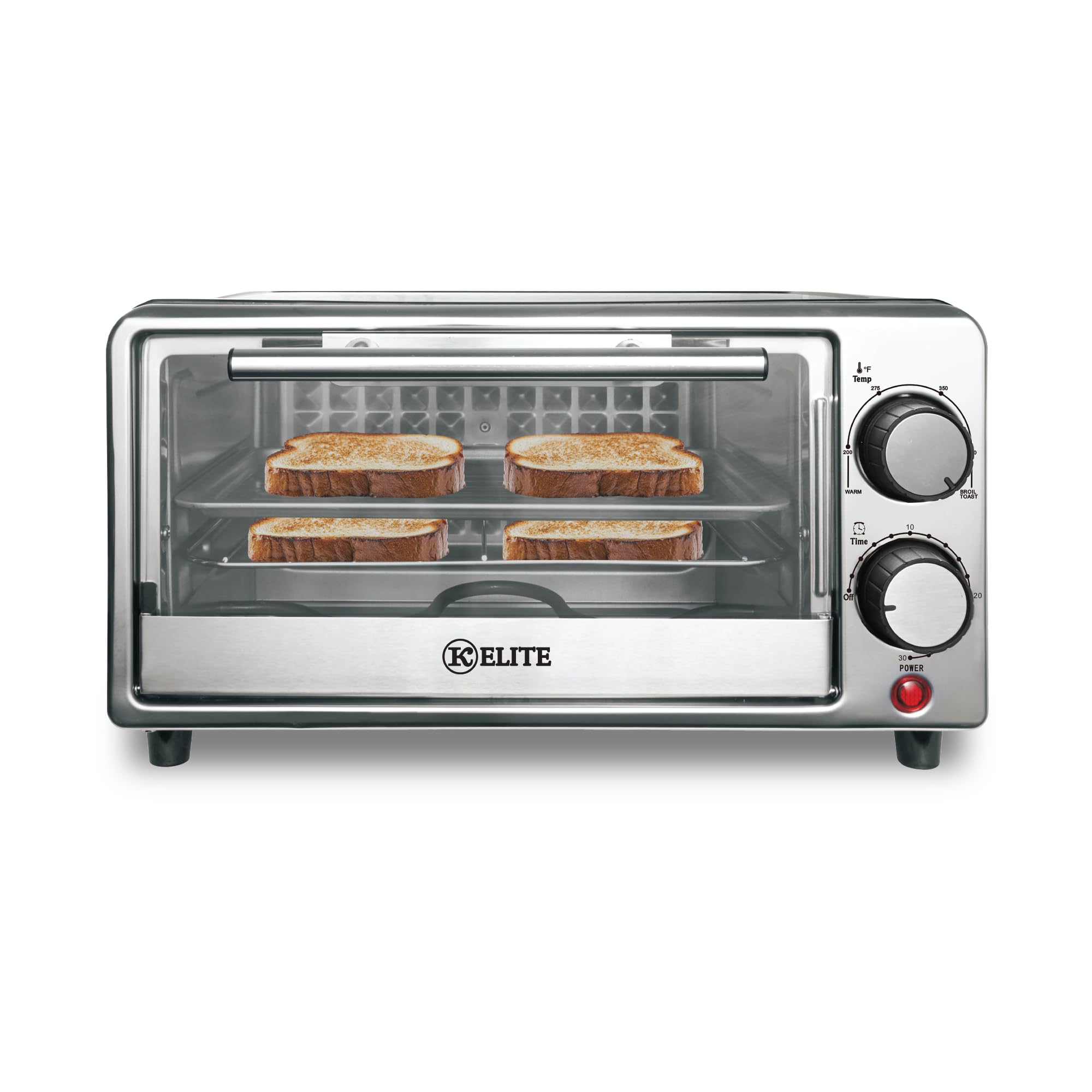 Kitchen Elite 4-Slice Toaster Oven with its wire rack and bake tray displayed separately.
