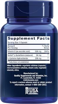 Life Extension Glutathione, Cysteine & C, 500 mg of Vitamin C, Powerful antioxidant Supplement to Support Liver Health, Gluten-Free, Non-GMO, 100 Capsules
