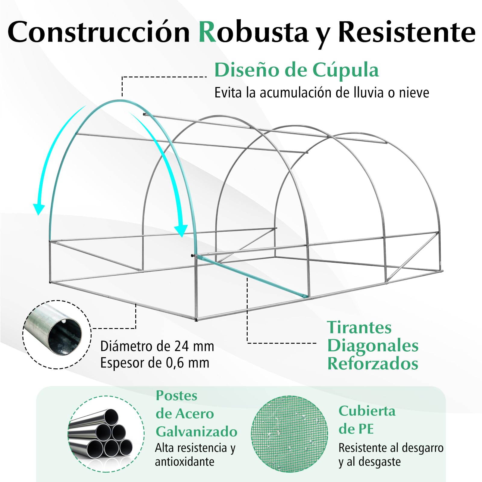 COSTWAY Invernadero Túnel Exterior, 400 x 300 x 200 cm con 6 Ventanas Enrollables, 2 Puertas con Cremallera, Estructura de Acero Galvanizado, Carpa de Jardín Resistente al Viento