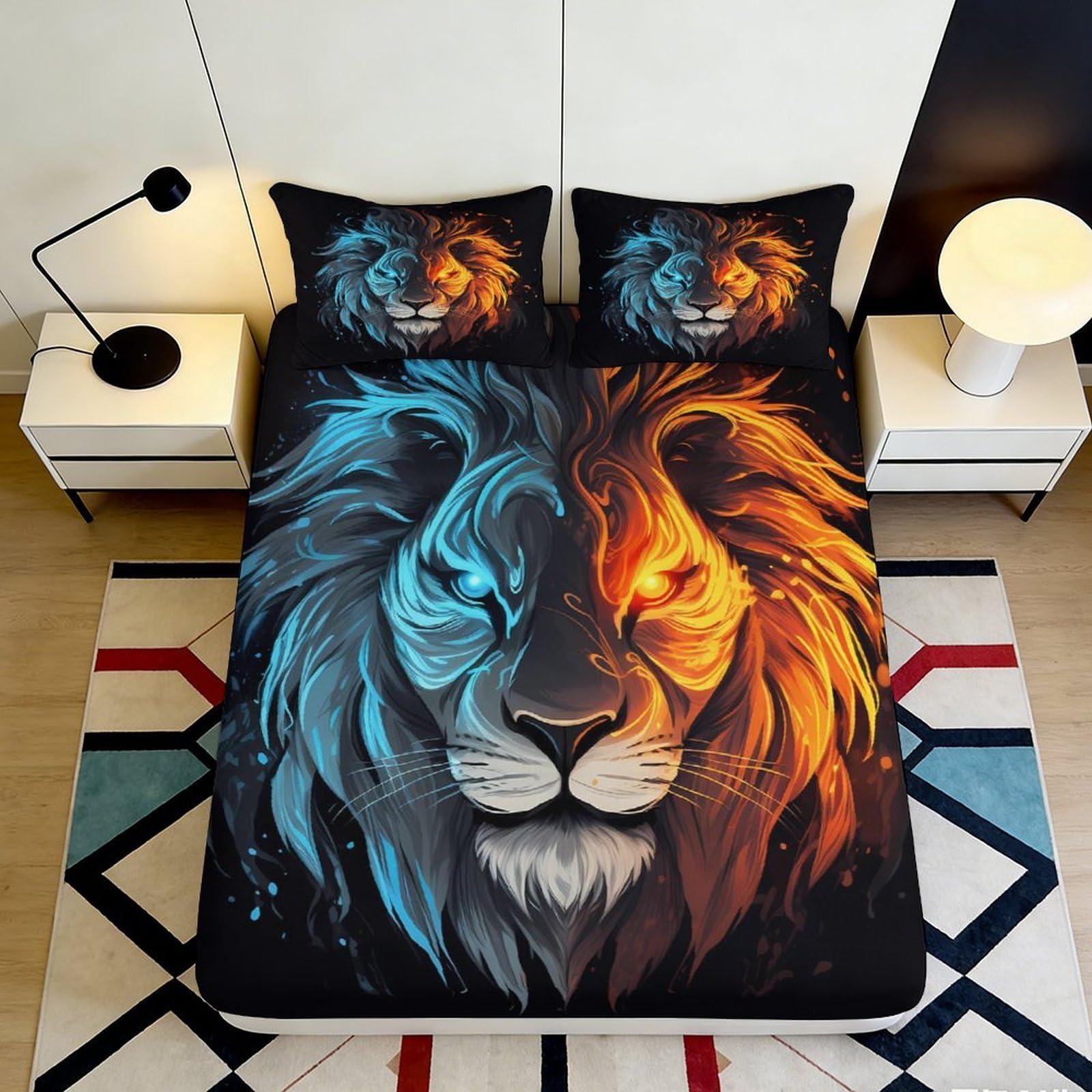 3D Printed Fiery and Icy Lion Fitted Sheet Microfiber Soft Breathable Dual Tone Bed Cover for Bedroom Dormitory Guest Room Mattress Protection 180x200x25cm