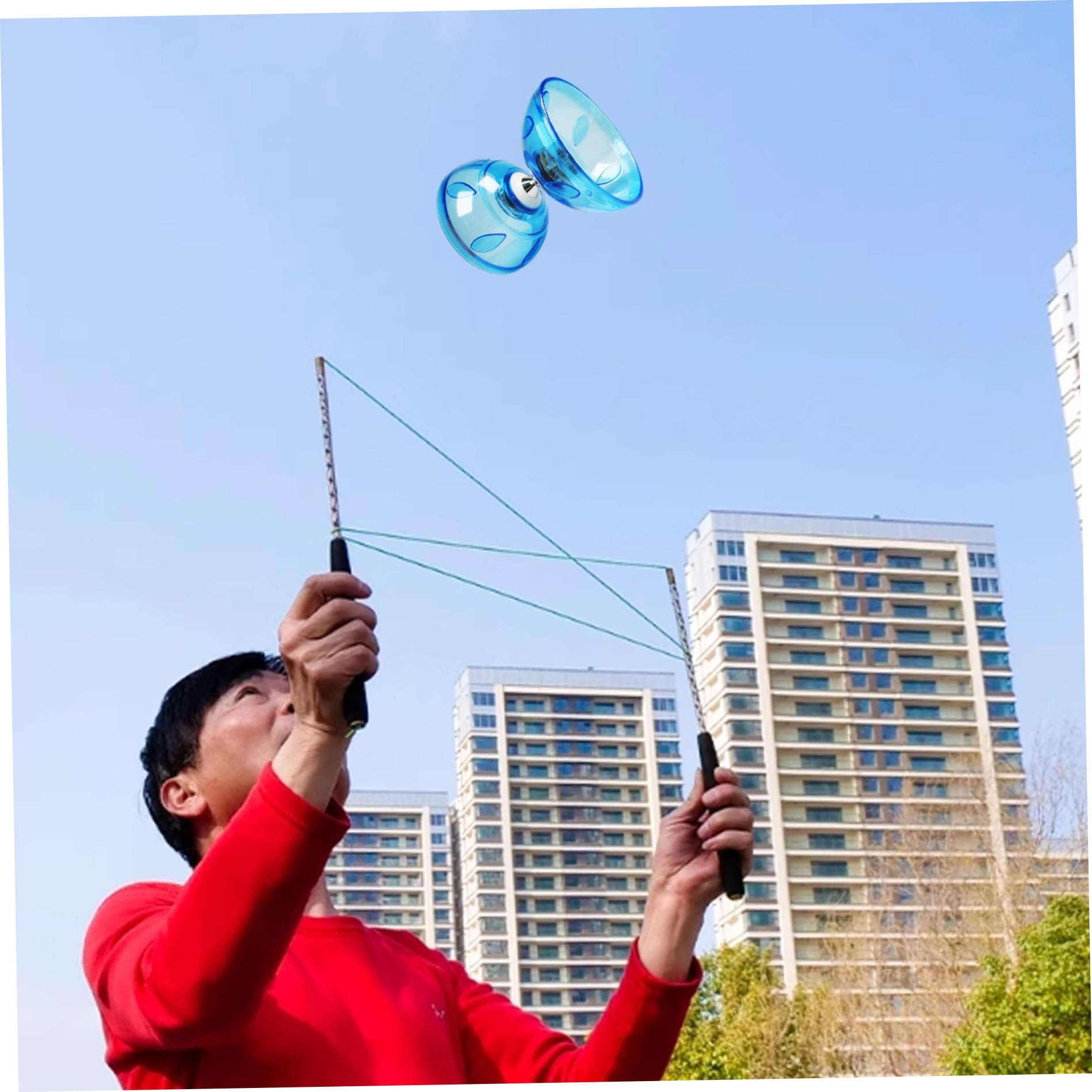 Juego de Yoyo Diabolo de Triple rodamiento Azul Yoyo Chino con Bolsa de Red de Hilo de Palo para niños y Adultos