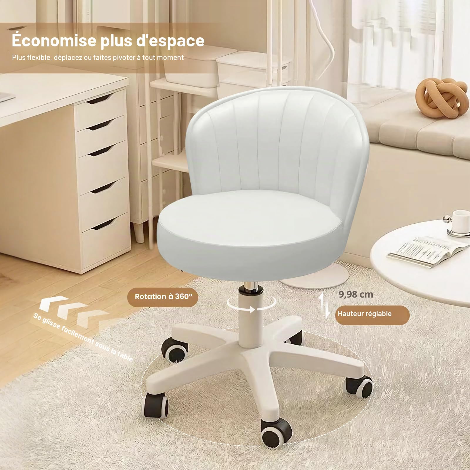Petite Chaise de Bureau Ronde à roulettes sans accoudoirs Chaise d'ordinateur Confortable avec Dossier Bas en Cuir PU Hauteur réglable Chaise de Travail pivotante Spa