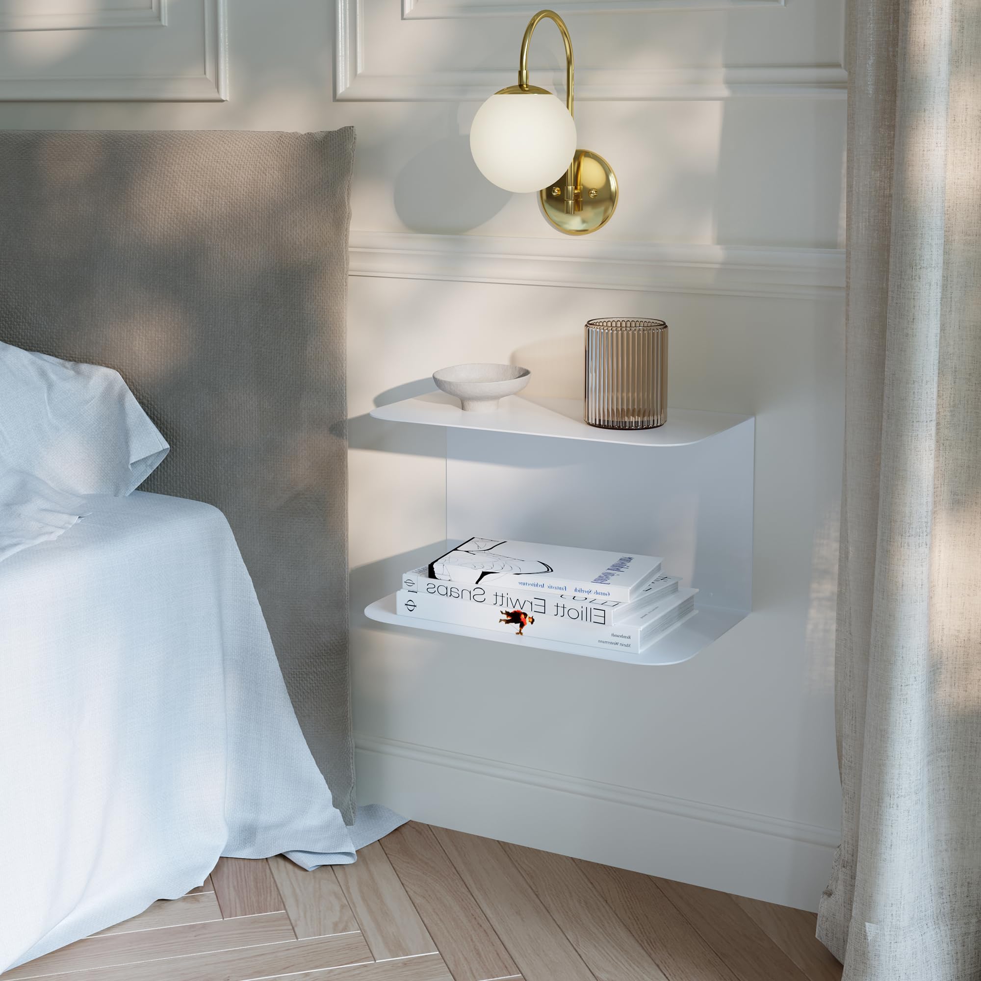 [en.casa] Set di 2 Mensole in Metallo Consolle da Parete con 2 Ripiani Comodini Sospesi a Forma di C in Stile Industriale 40x23x23cm Bianco