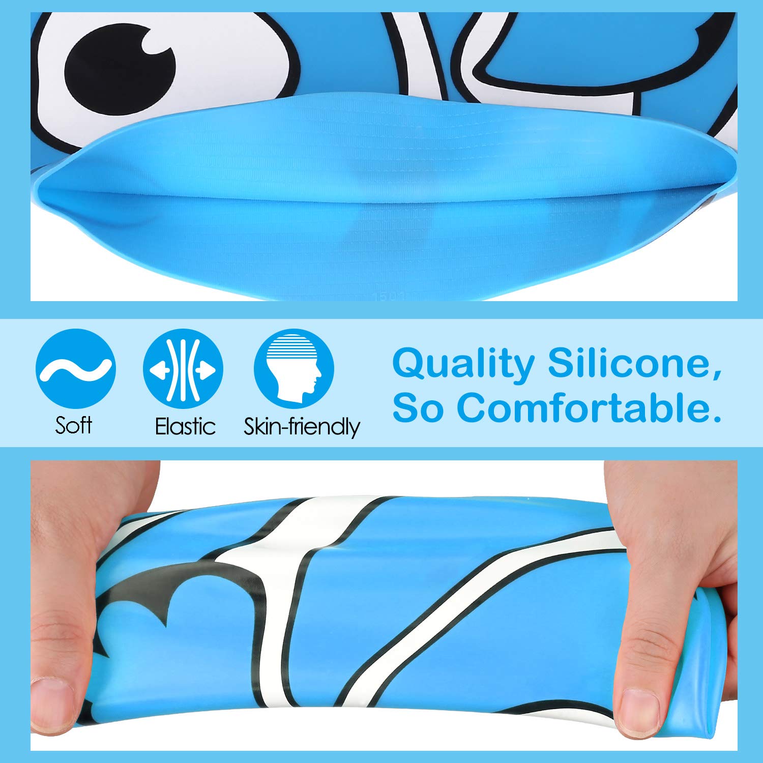 MoKo Swimming Cap for Kids, Cute Waterproof Soft Silicone Swim Cap Cartoon Style High Elastic Swimming Hat for Boys & Girls Bathing Cap for Children - Blue Fish 2