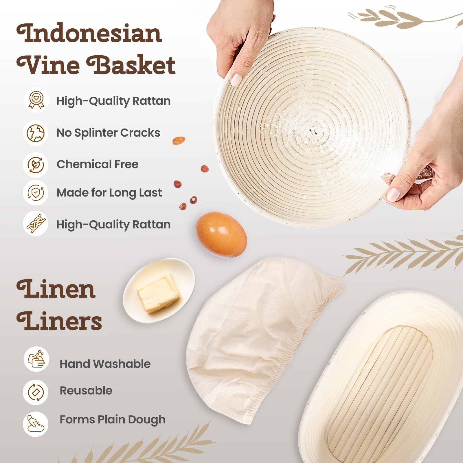 Panier de Fermentation avec Doublure, Banneton pour Pain, 25 cm Ronds et 23 cm Ovales, 10 Pièces Kit Boulangerie avec Accessoires de Cuisson du Pain, pour Les Débutants et Les Boulangers