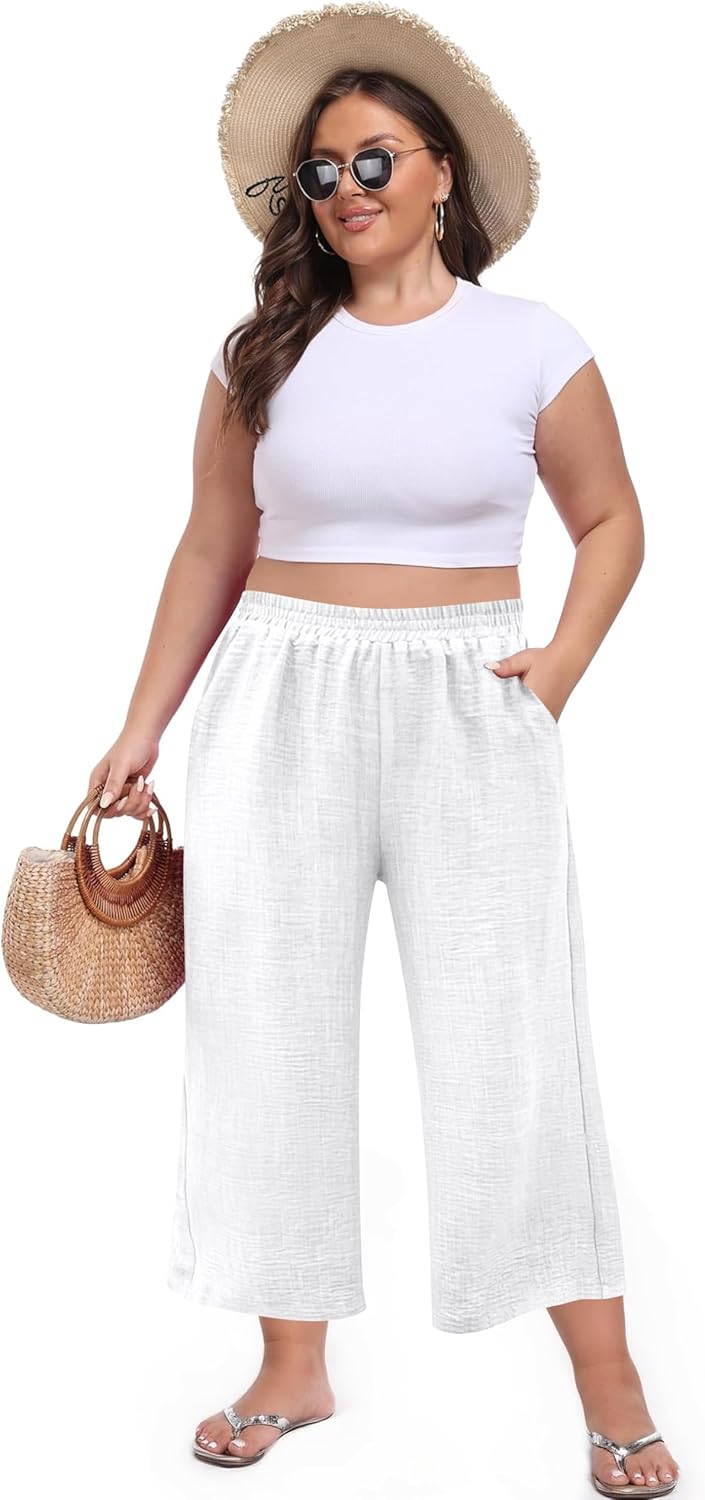 Womens Wide Leg Capri Pants Summer Palazzo Dressy Casual Pant Beach Loose High Waist Lounge Trouser with Pockets - Image 6