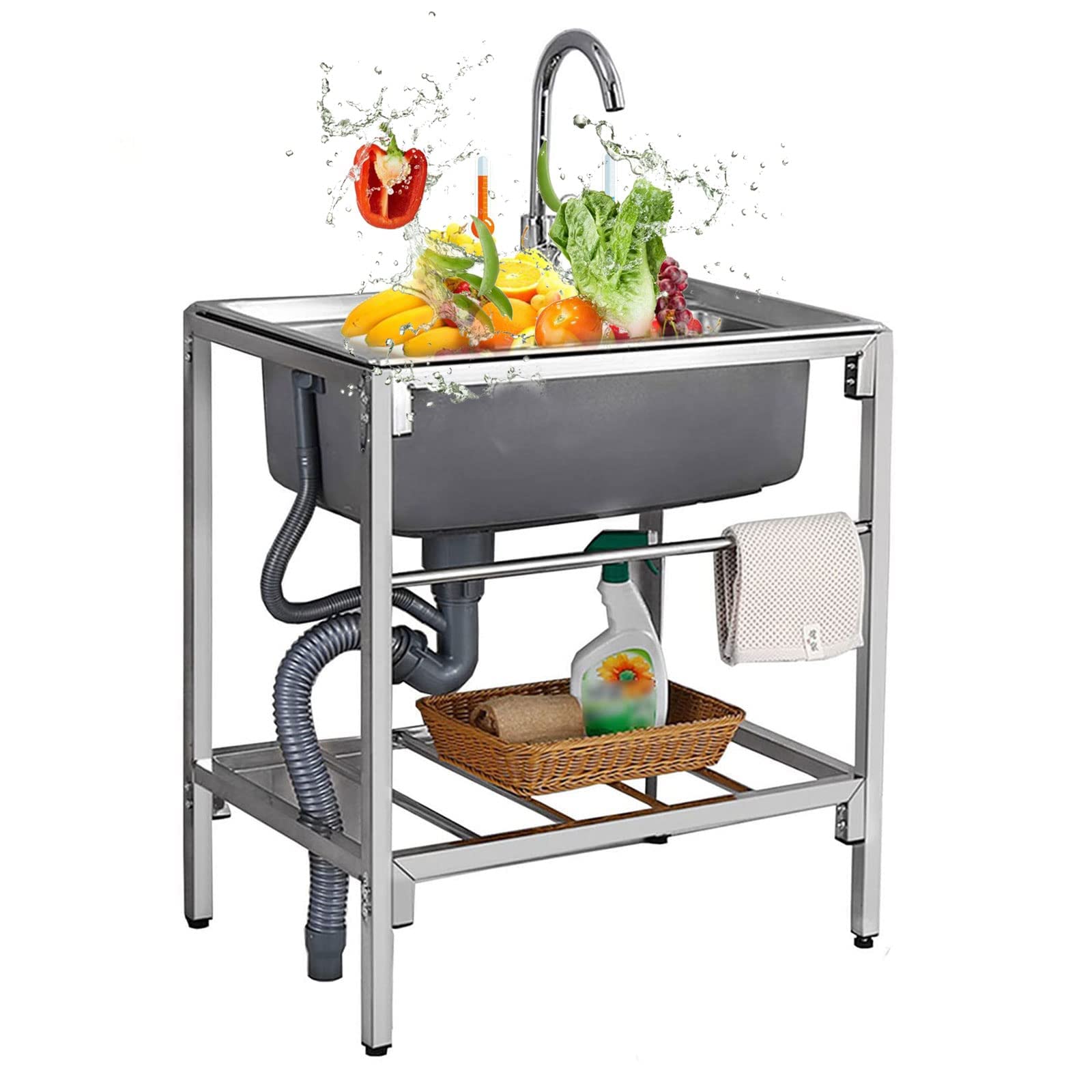 YADZISW Stainless Steel Single Bowl Kitchen Sink with Stand Free Standing Commercial Restaurant Utility Set Faucet and Drainboard, for Indoor Outdoor Laundry Garage