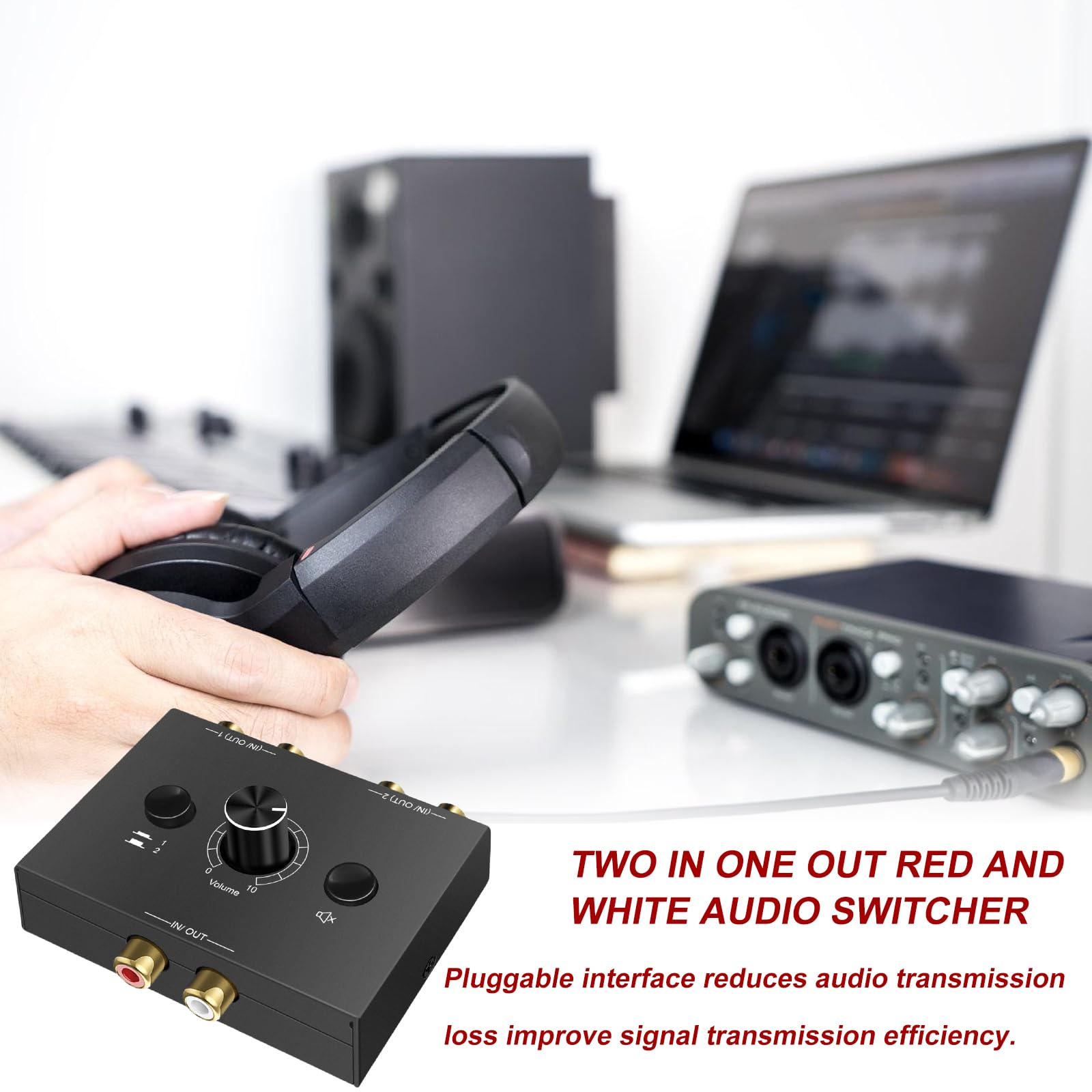RCA Stereo Audio Switch 2(1)-IN-1(2)-OUT, R/L Regulacja Głośności, dwukierunkowy Aux Sound Selector Splitter Box do odtwarzacza CD, komputera, głośników