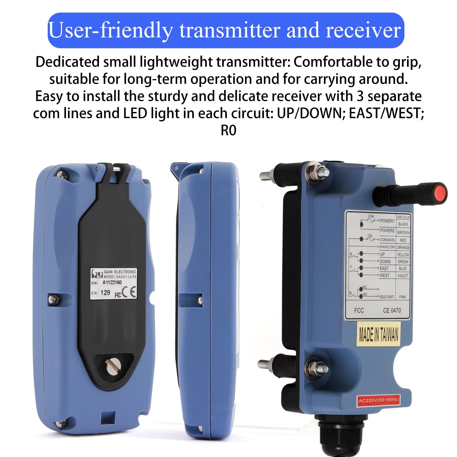 Saga-L6 Mini Mando a distancia inalámbrico para grúa puente grúa para 4 canales botones Industrial Radio Transmisor y receptor (2 Transmisores + 1 Receptor, 220 V CA)