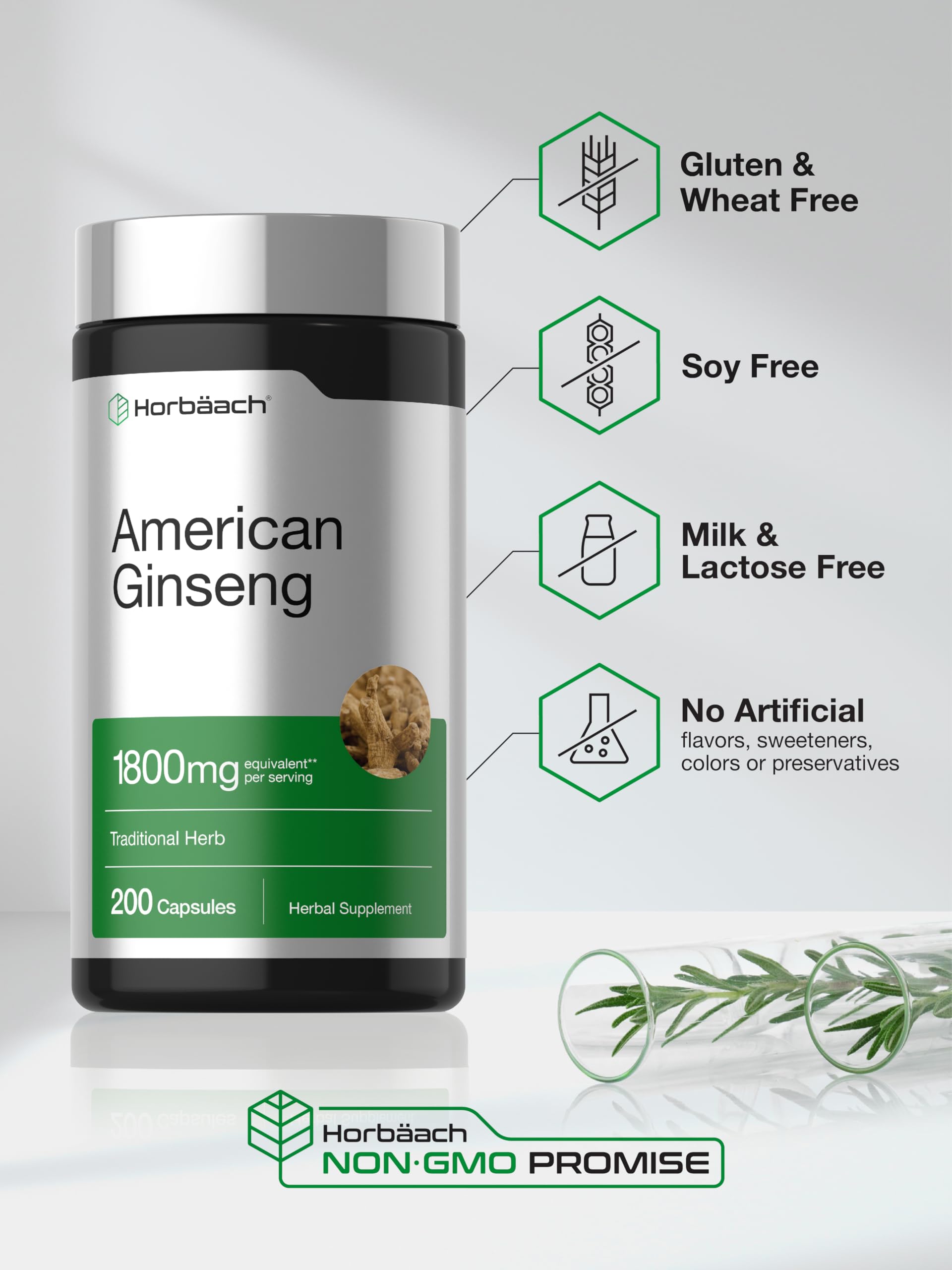 Horbäach American Ginseng Capsules | 200 Pills | Panax Quinquefolius Root — Amazon image 5