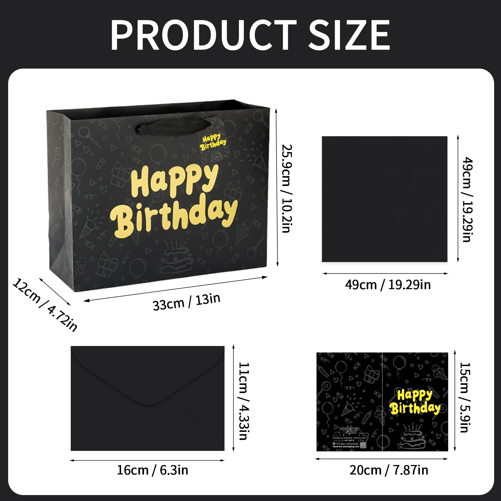 FOREVER 7 STAR Black Happy Birthday Gift Bag With Handles Tissue Papers and Greeting Card,13 Inch Medium Size for Birthday Perfect for Men,Dad,Boy