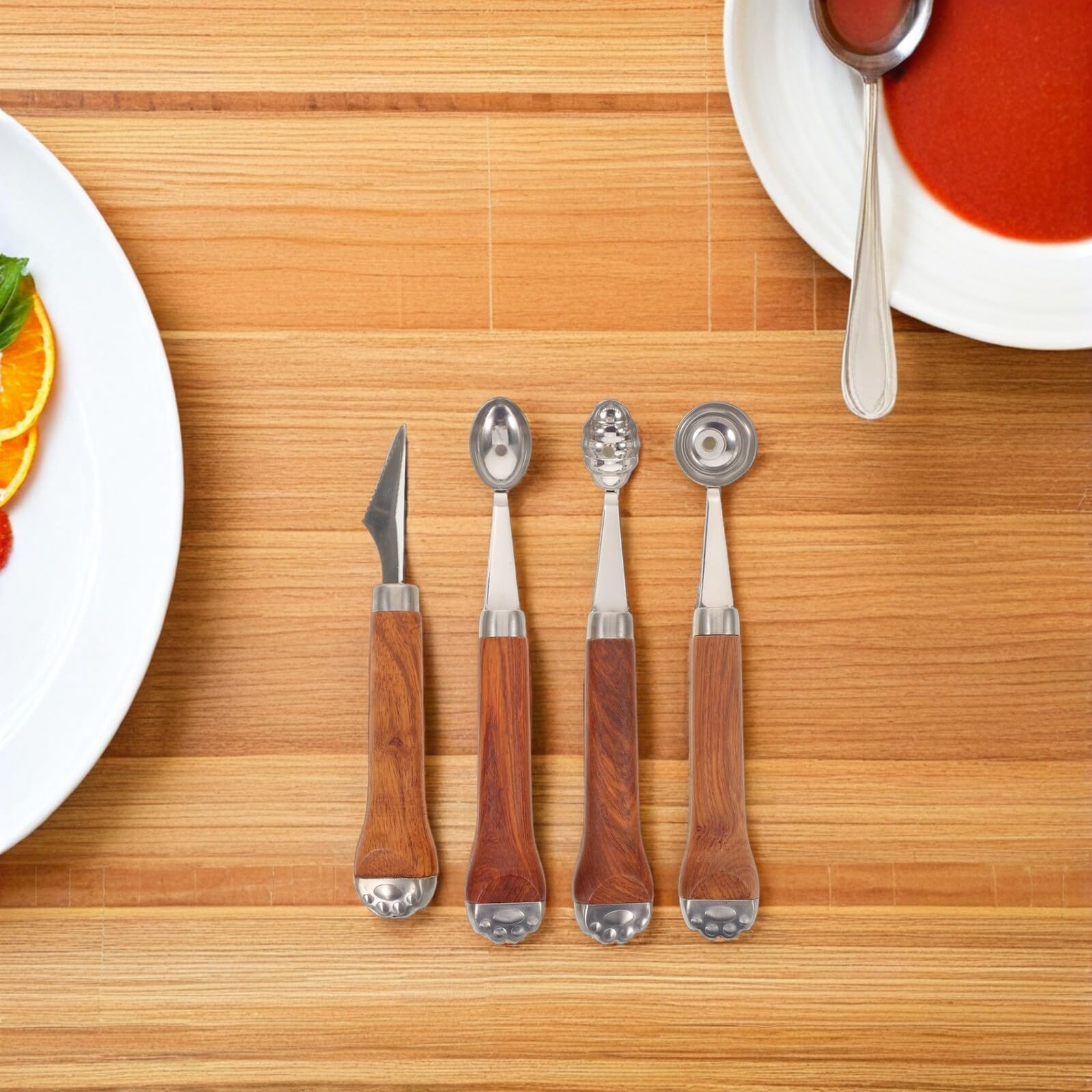 Juego de 4 Piezas Sacabolas de Fruta de Acero Inoxidable con Mango de Madera en Forma de Pata de Gato Cuchara Dentada para Melón y Sandía Cortador Multifuncional para Postres y