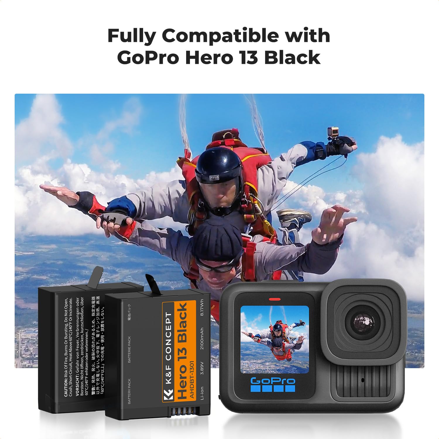 Akumulator do kamery K&F CONCEPT Hero 13 o pojemności 2100 mAh, potrójna moc, potrójne gniazdo z organizerem, zestaw ładujący LED kompatybilny z kamerą GoPro13, czarny