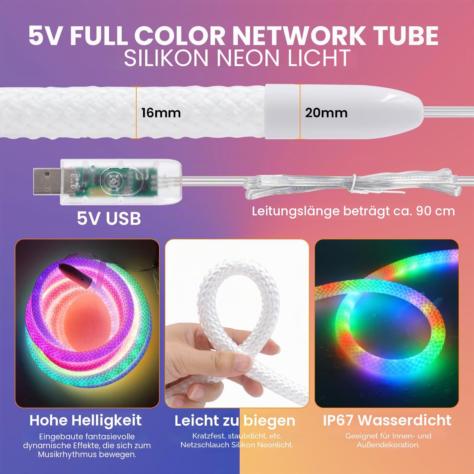 5V USB Bluetooth RGB Neon LED Streifen, 5M 360° illumination WS2812B Adressierbare Wasserdicht Diffusion Neon Flex LED Schlauch, Smart Phone Gesteuert, Mehreren Szenenmodi, Musiksync