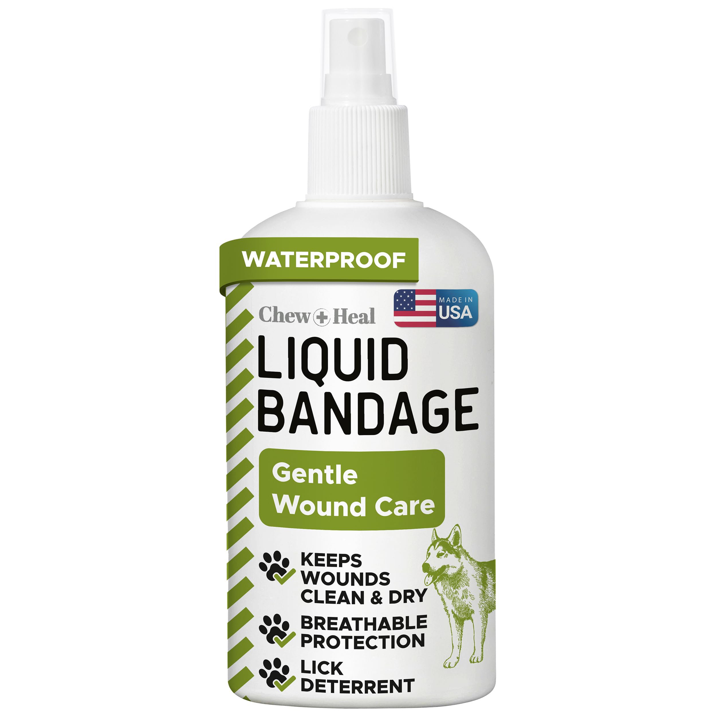 Chew + Heal Labs Liquid Bandage for Dogs 4oz Waterproof Spray Wound Care with Aloe for Cuts, Scrapes, Stitches, Paw Injuries - Breathable, Safe if Licked