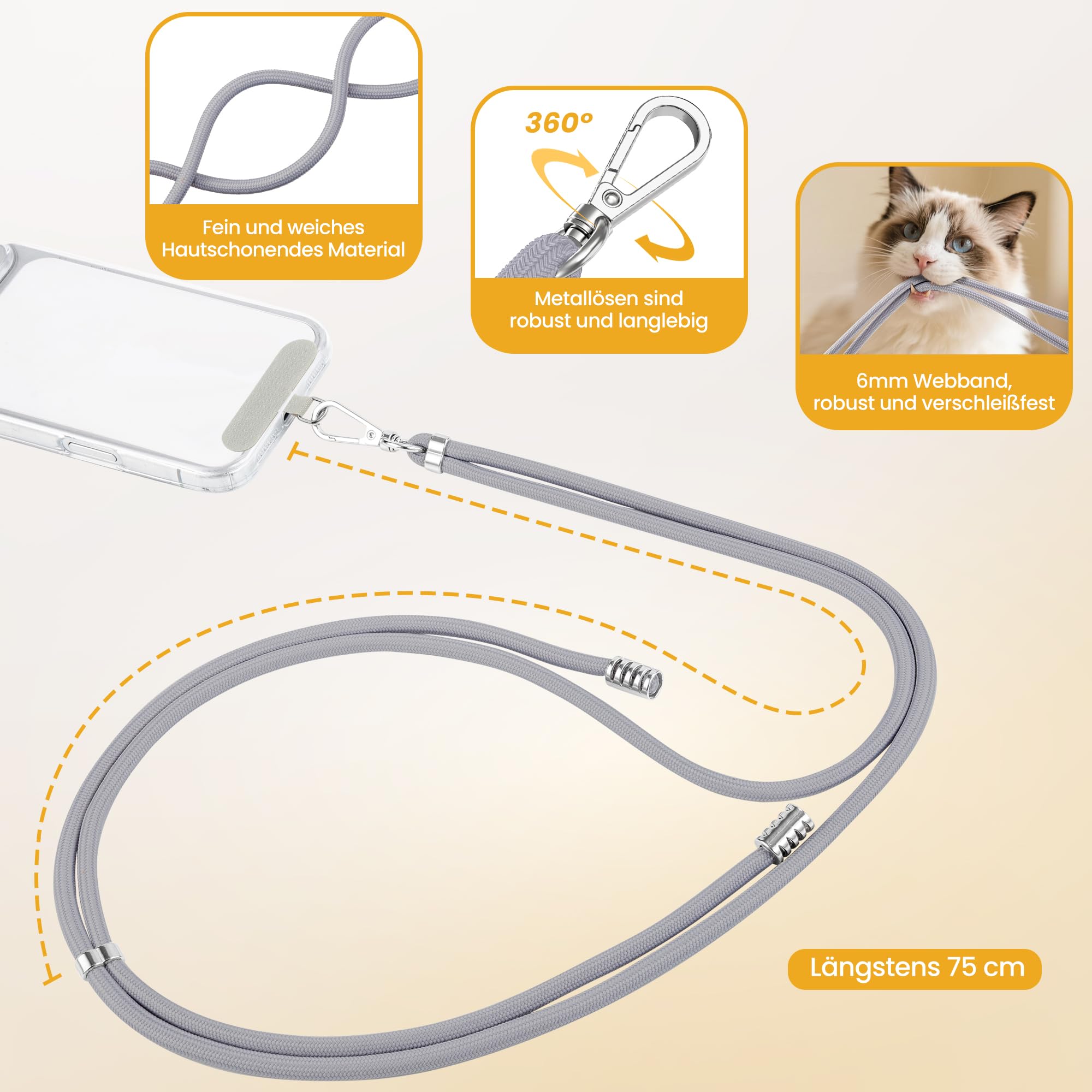 2 Stück Handyband Zum Umhängen und 4 Stück Handy Bänd Patch,Nylon handykette universal zum Umhängen kompatibel mit Alle Smartphones,Verstellbar Handy Umhängeband,Schwarz und Grau