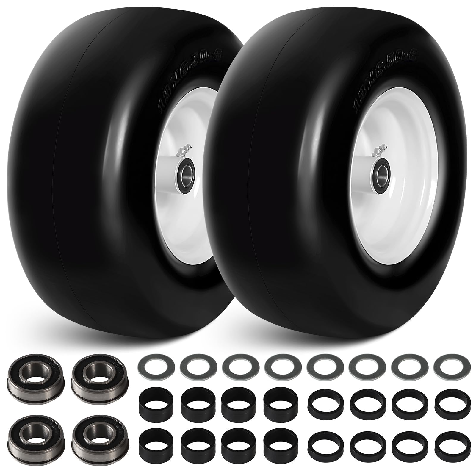 View 1 of 13x6.50-6 Flat Free Lawn Mower Tire Wheels; 2 Packs Smooth Tread Puncture-proof Tire for Lawnmowers, Replacement 3/4" & 4 Pcs 5/8" Bearing with 24 Spacers for Zero Turn Mowers ?Garden Tractors Carts