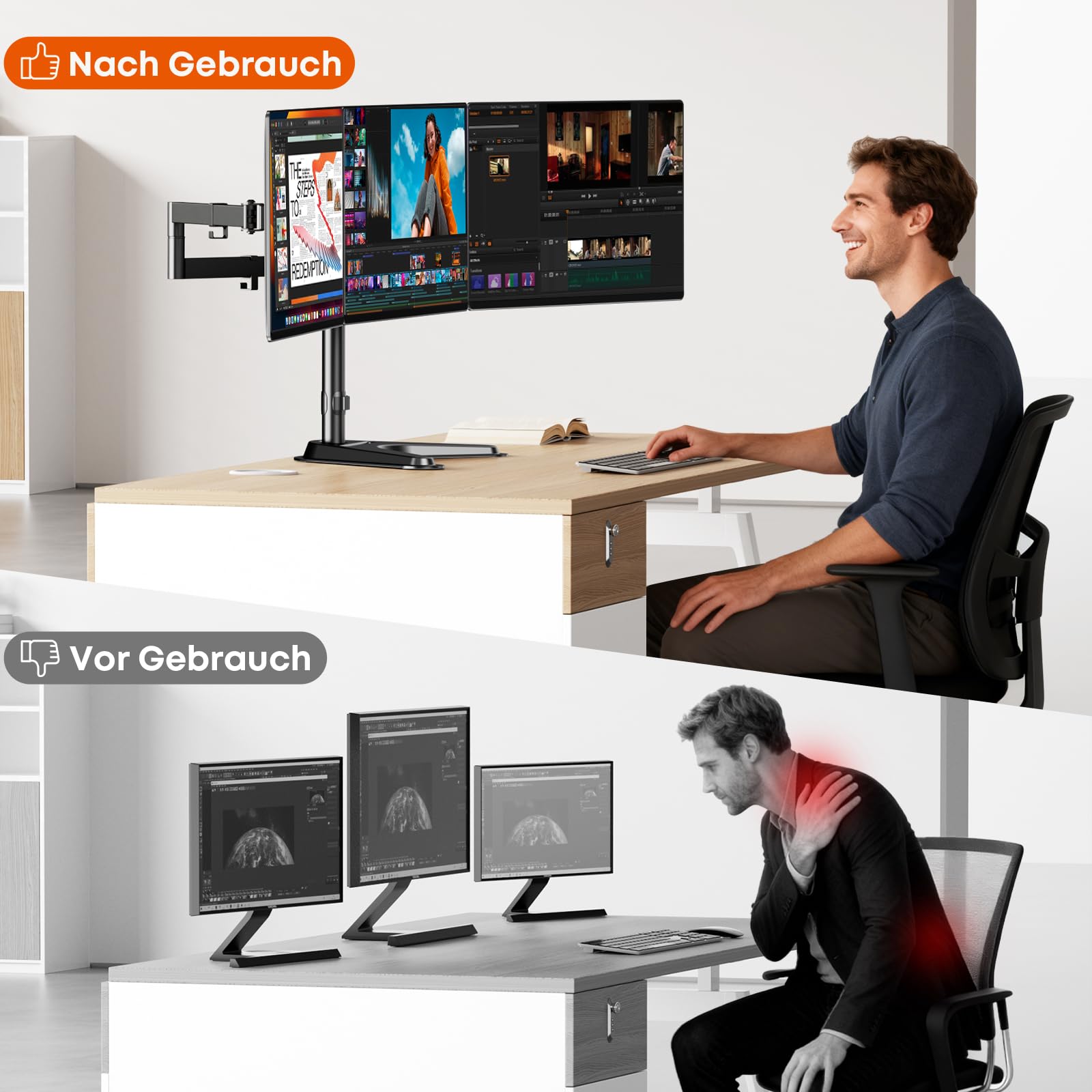 Putorsen Monitorhalterung für 3 Monitore bis 27 Zoll - Schwere, voll verstellbare Tischhalterung mit Standfuß & Kabelmanagement, 10 kg pro Arm, Schwarz