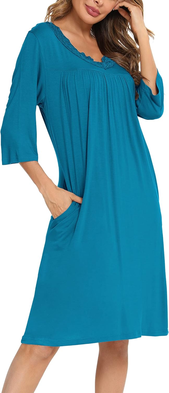 YYA Nightgowns for Women 3/4 Sleeve Sleepwear Lace Comfy Sleep Gowns Pleated V Neck Plus Size Nightshirt S-4XL - Image 2