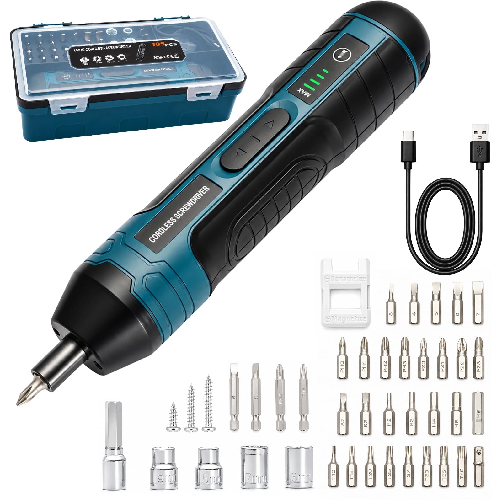 EVERGOODS 101PCS Electric Cordless Screwdriver 3.6V Rechargeable Lithium Ion Screwdriver Set with LED Light S2 Steel Bits Magnetizer Demagnetizer Tool Kit for Home Repair Electronics (Blue)