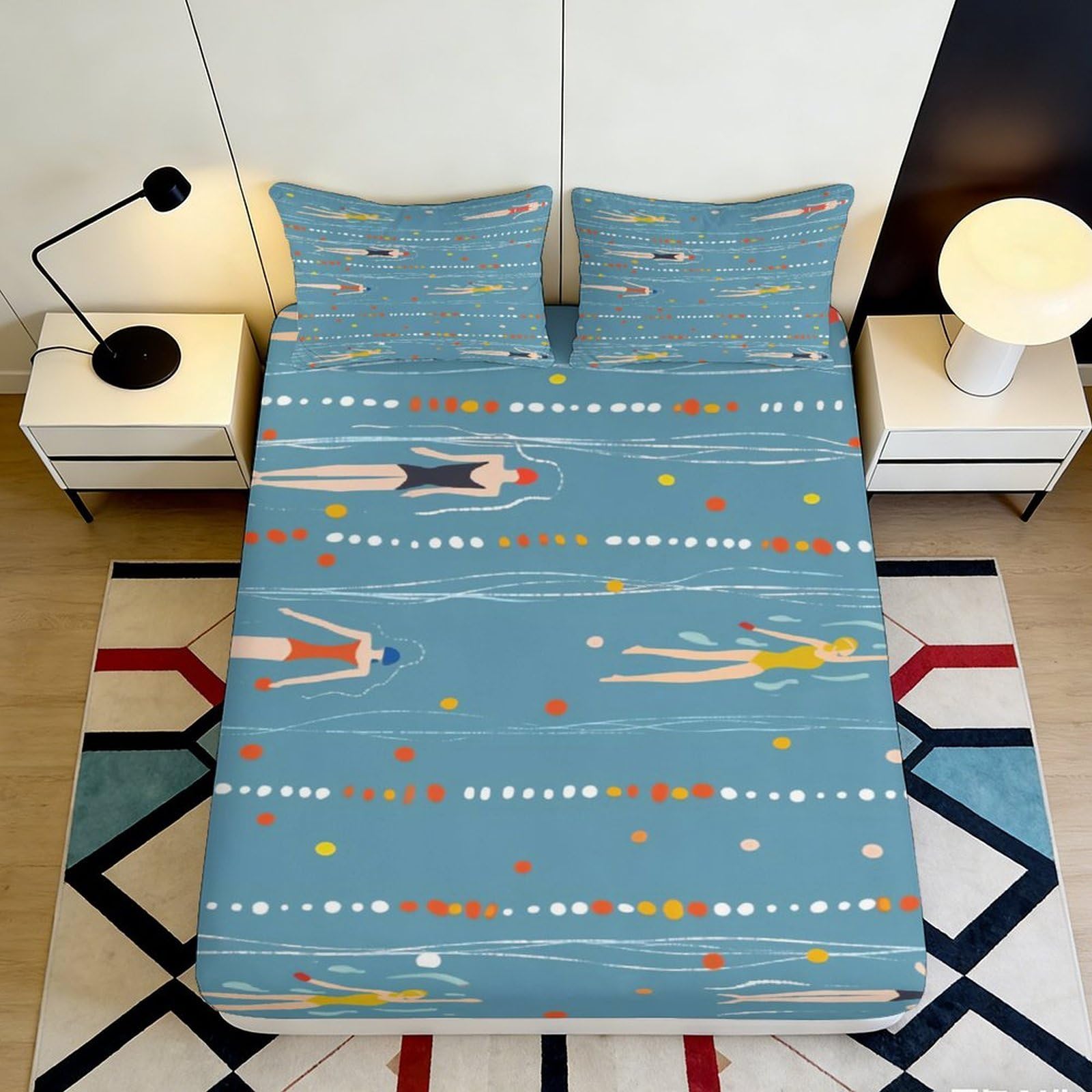 3D Printed Swimming Pool Swimmer Fitted Sheet Microfiber Blue Artistic Mattress Cover for Bedroom Dorm Decor 90x200x25cm