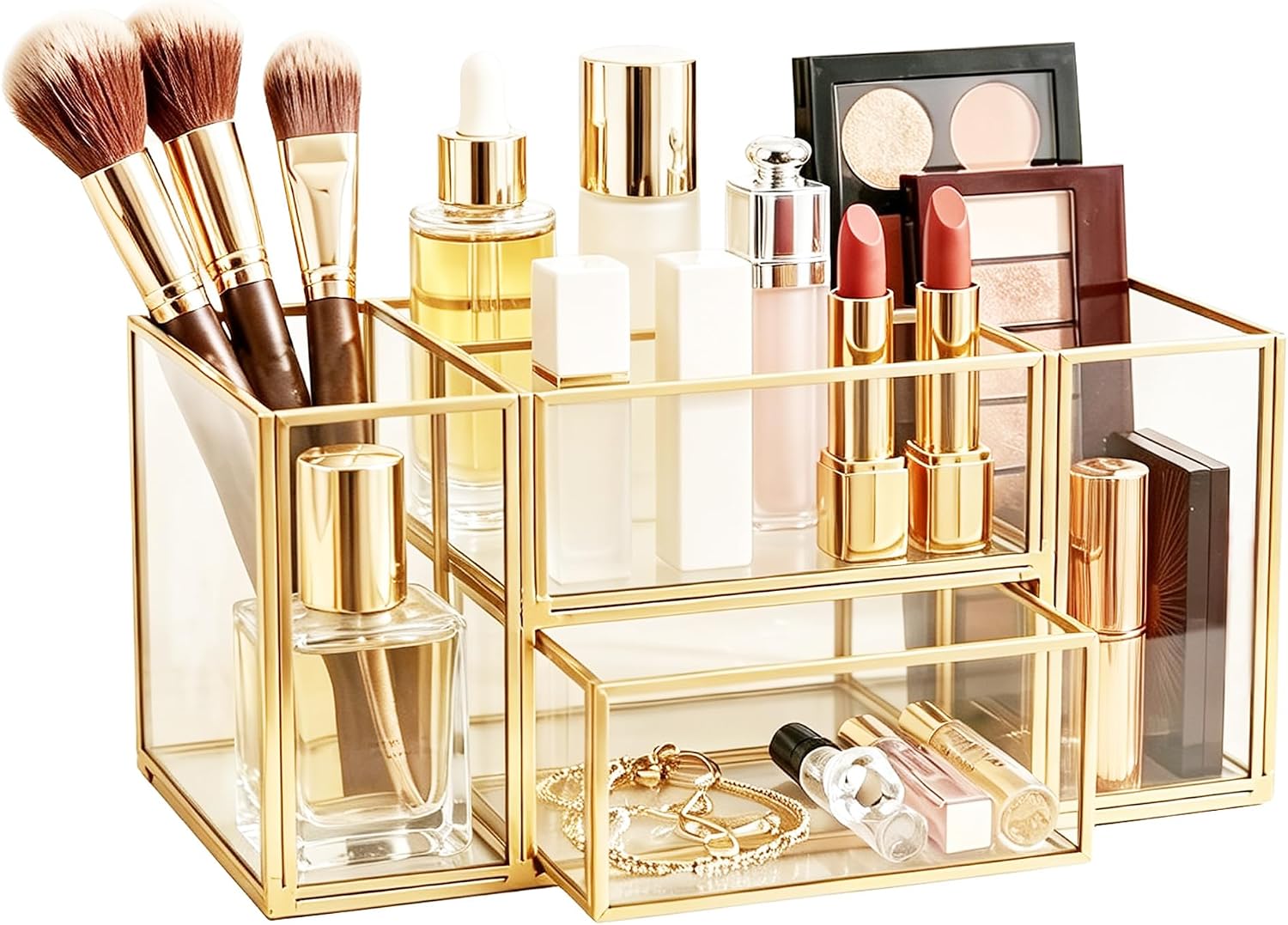JIARI Glass Makeup Organizer with Drawer, Gold Brass Frame Jewelry Display Box, Nordic Style Cosmetic Storage for Vanity Bathroom Bedroom Office, 9.84x5.51x4.33 Inches (Brush Holder-A23)