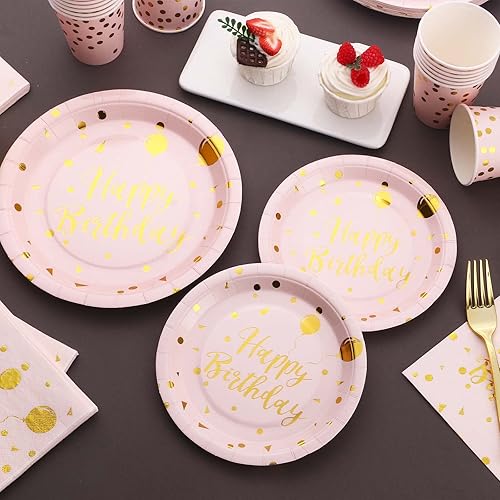 Miniatura 2 de FEENRUI Platos y servilletas rosas de feliz cumpleaños, suministros de fiesta para 25, decoraciones de cumpleaños rosa y dorado para mujeres platos