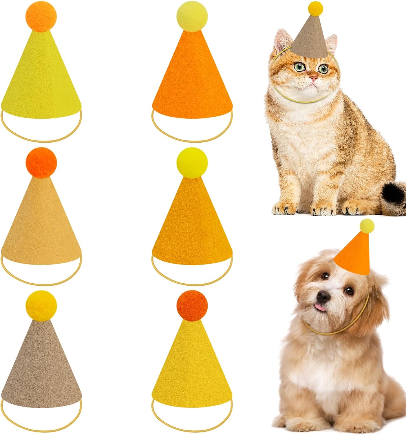 6 PCS Yellow Mini Party Hats for Stuffed Animals, Finished Birthday Party Cone Hats, Dolls Dog Cat Assorted Animal Birthday Decorations (No Assembled Required)