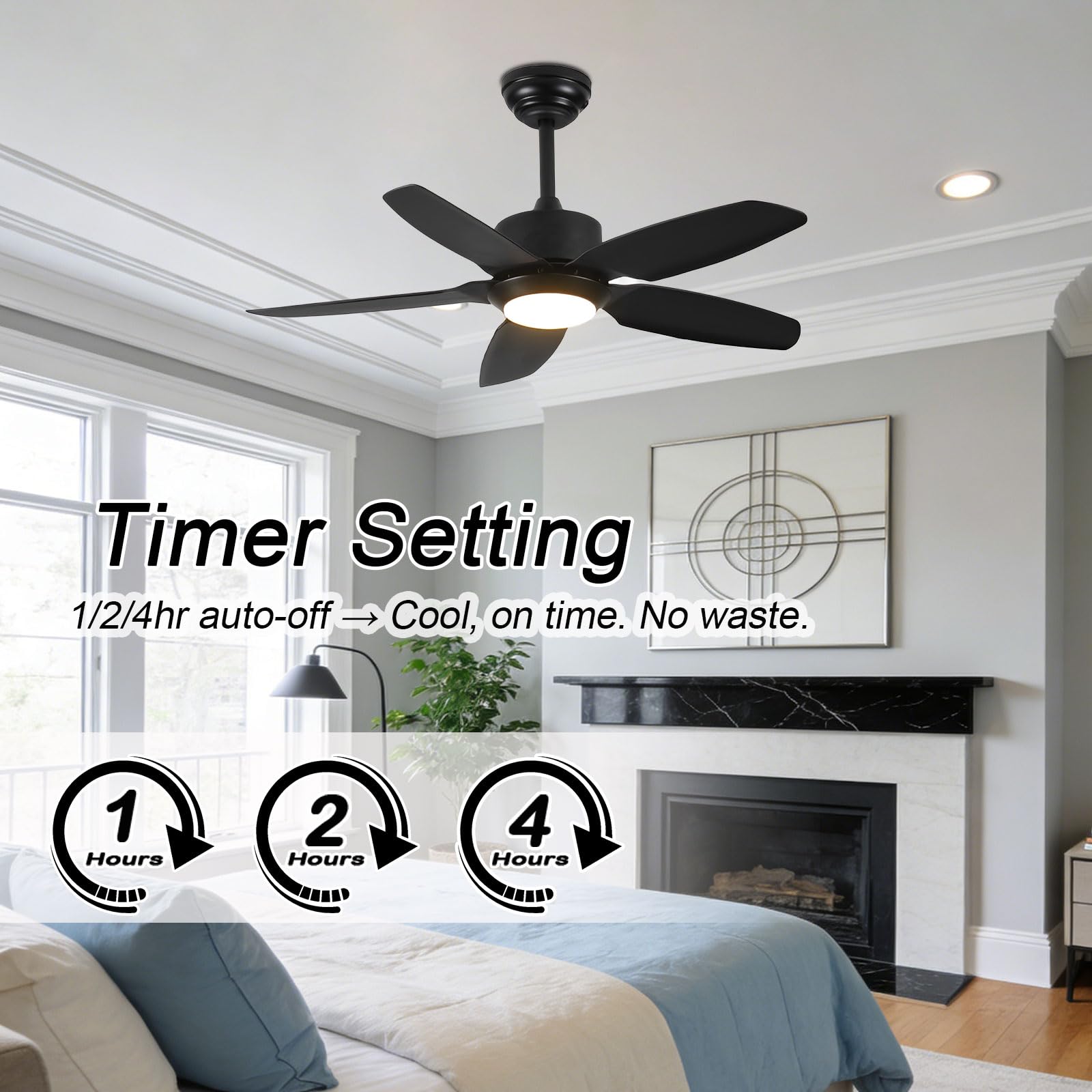 Ventiladores de Techo Negros silenciosos con Luces, Modernos, Inteligentes, con iluminación LED para Dormitorio, Comedor y Sala de Estar. 6 velocidades, Control Remoto, por aplicac