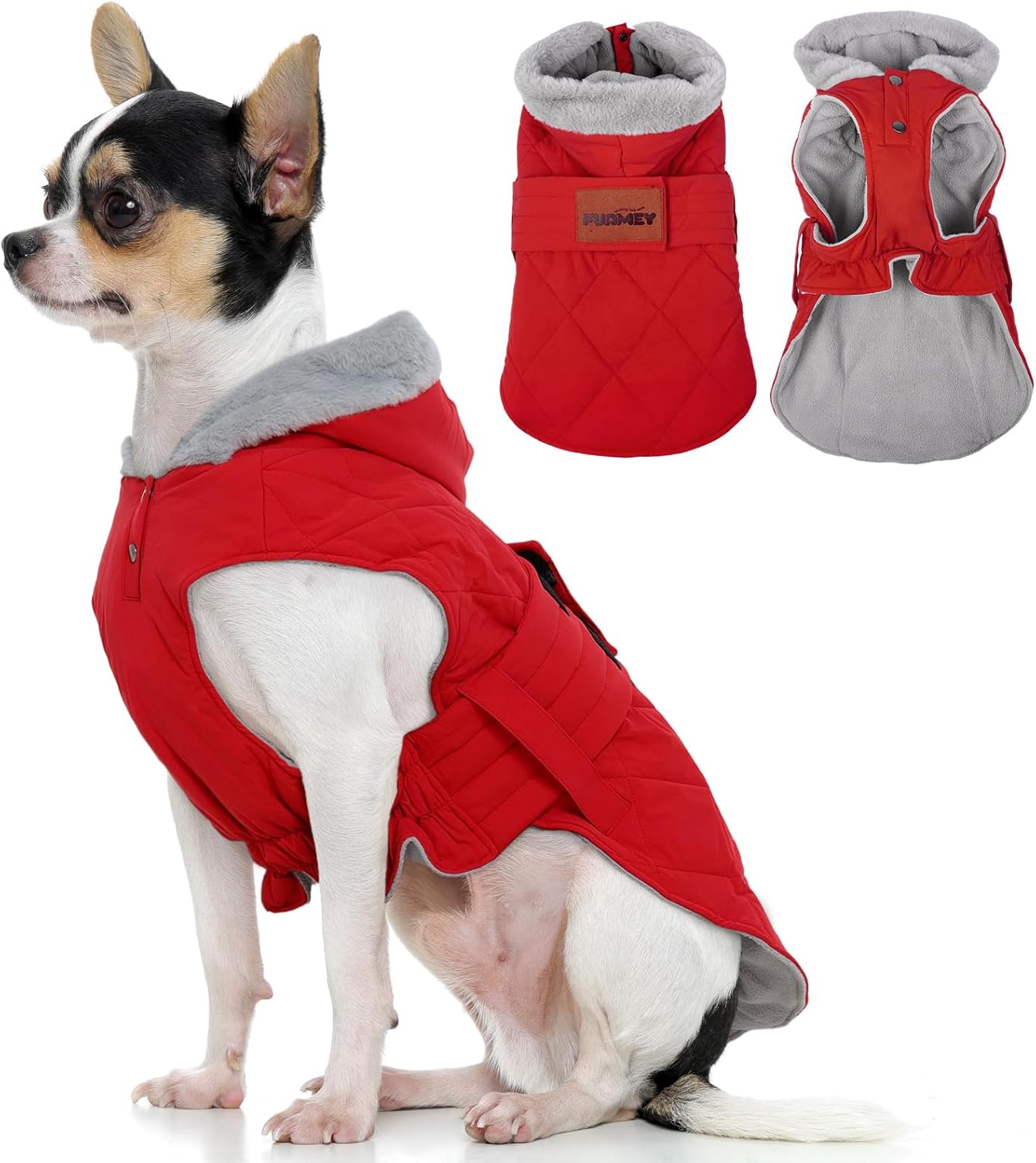 FUAMEY ウォームドッグコート スモール、ソフトフリース裏地付きパップジャケット、フードスナップ付き、ノースリーブウィンタードッ