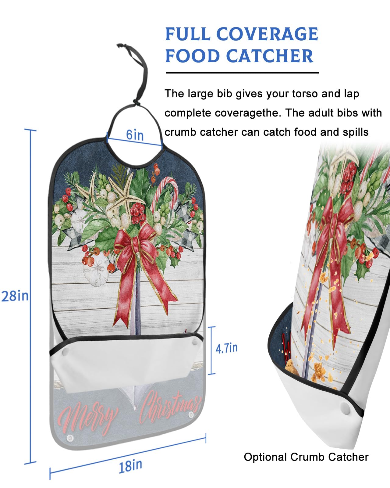 Jolunifun Christmas Anchor Adult Bib for Adults Men, Women, Washable & Adjustable Terry Cloth Bib with Crumb Catcher Reusable Waterproof Clothing Clothes Protector Apron Nautical Luxurious Berry