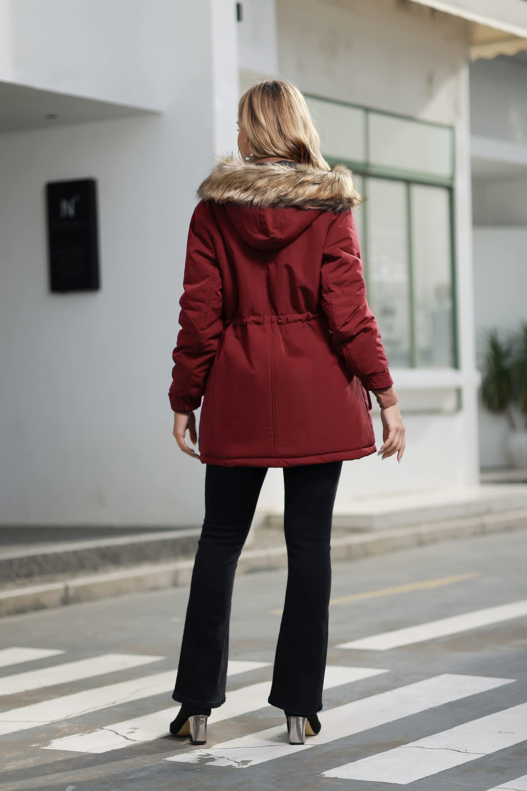 Maacie Umstandsmantel für Damen, 3-in-1, verdickt, mit Fleece gefüttert, Winter, warm, mit Kapuze, wein, M