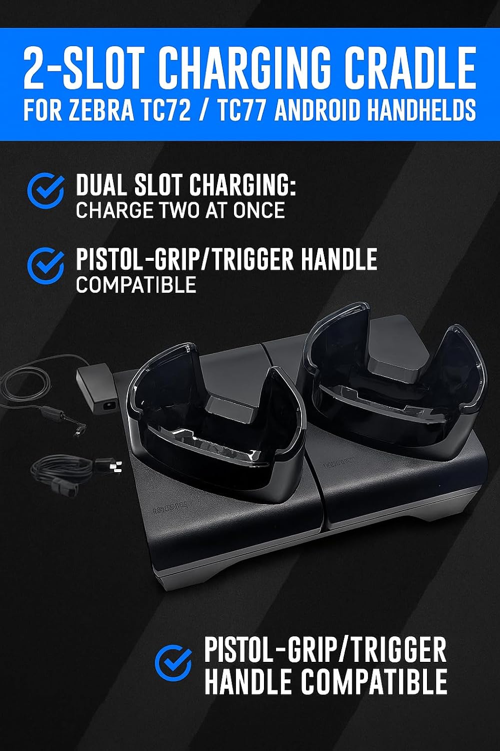 2-Slot Charging Cradle for Zebra TC72 / TC77 Android Barcode Scanner Handhelds | Includes Power Supply (Renewed)